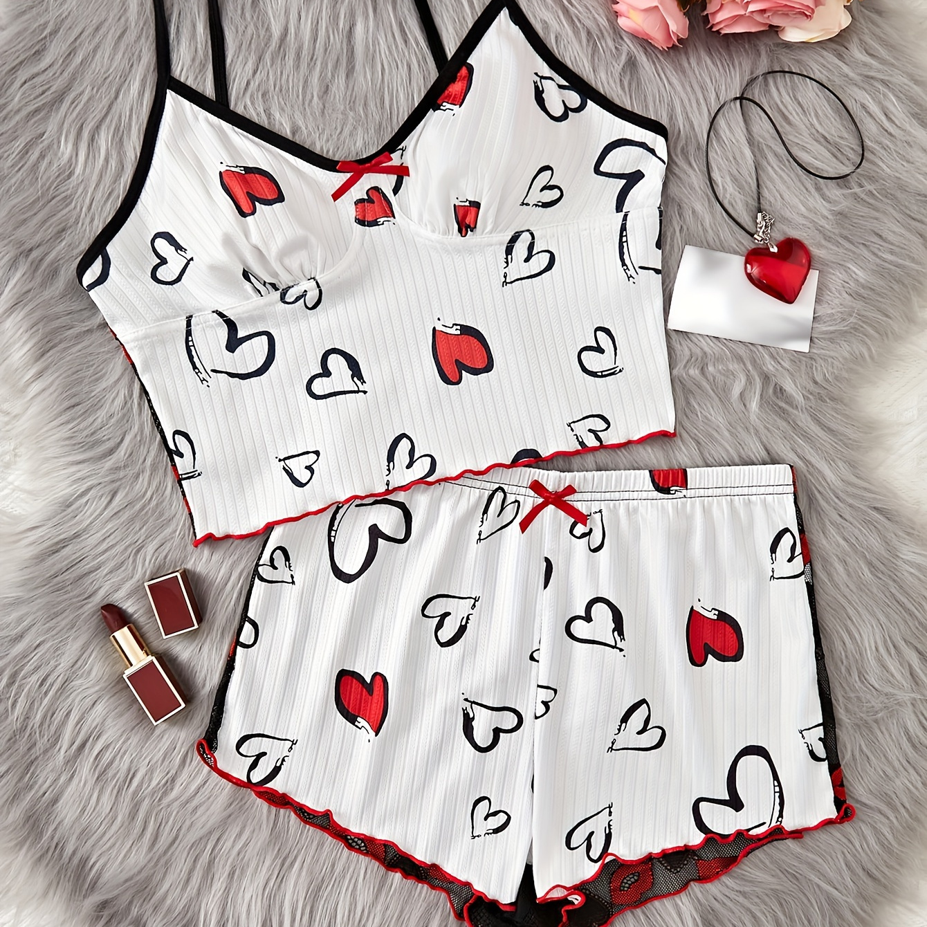 

Heart Print Lace Pajama Set, Sexy Red Lip Embroidery V Neck Backless Cami Top & Shorts, Women's Sleepwear