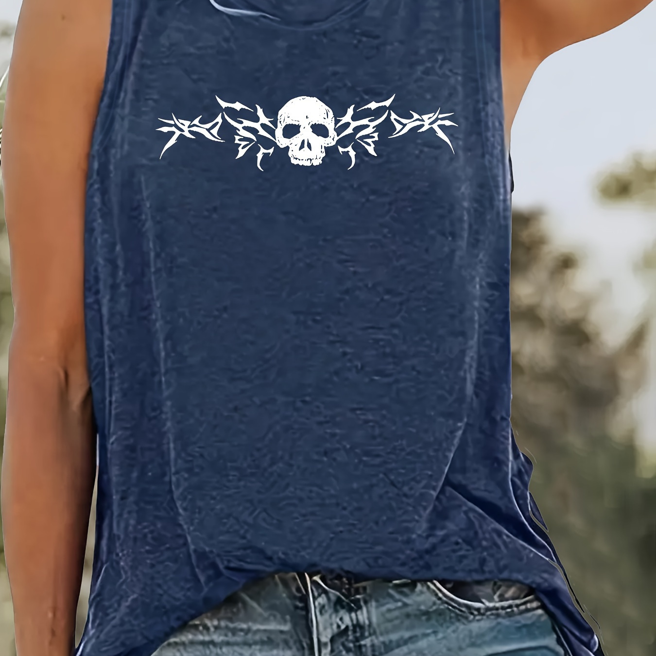 

Women's Casual Sleeveless Top With Unique Skull Print - Soft Polyester , Crew Neck, Machine Washable