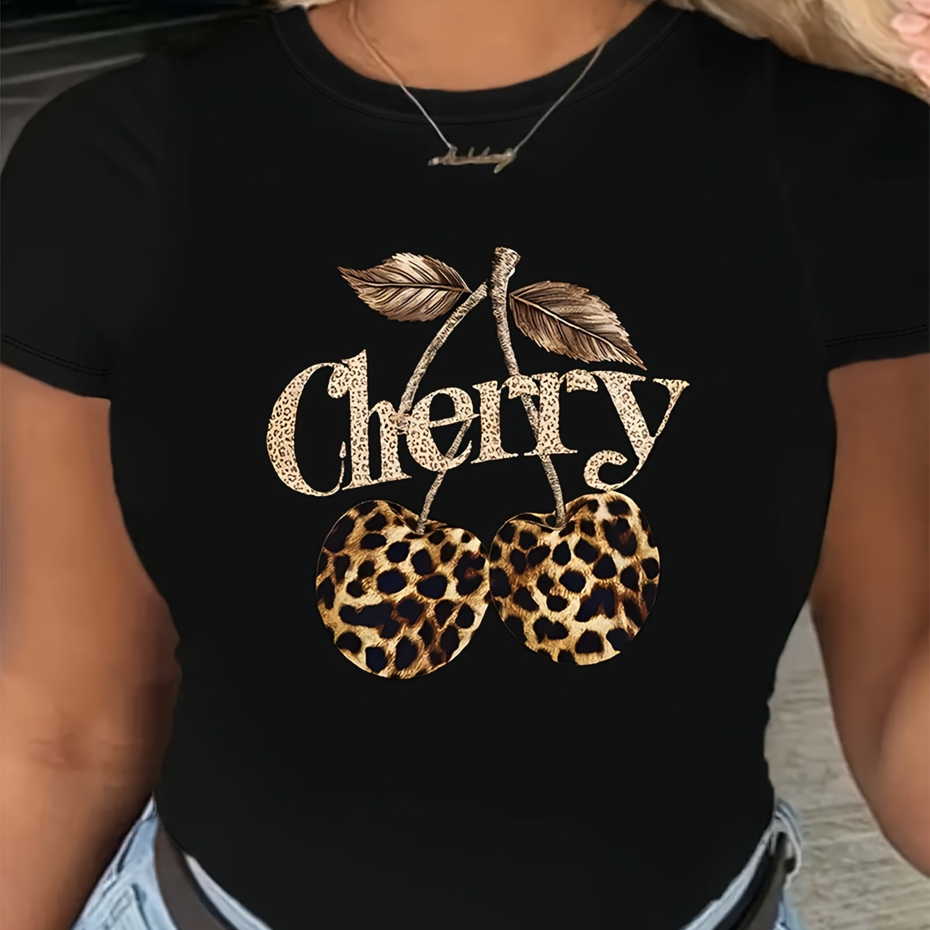 

A Stylish Leopard Print And Cherry Patterned Short-sleeve Round-neck T-shirt.