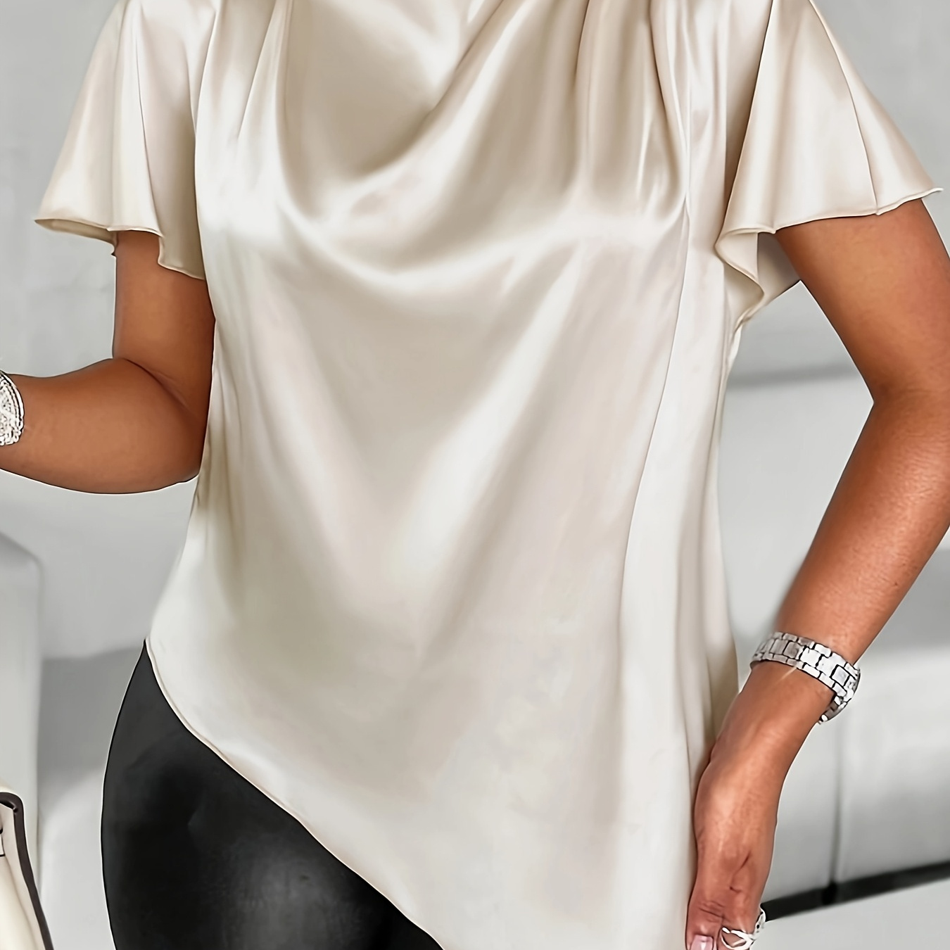 

Elegant High Neck Batwing Sleeve Satin Shirt, Hem, Solid Color, 100% Polyester, Non-stretch, Woven, Summer Season, 100g/m² Fabric Weight