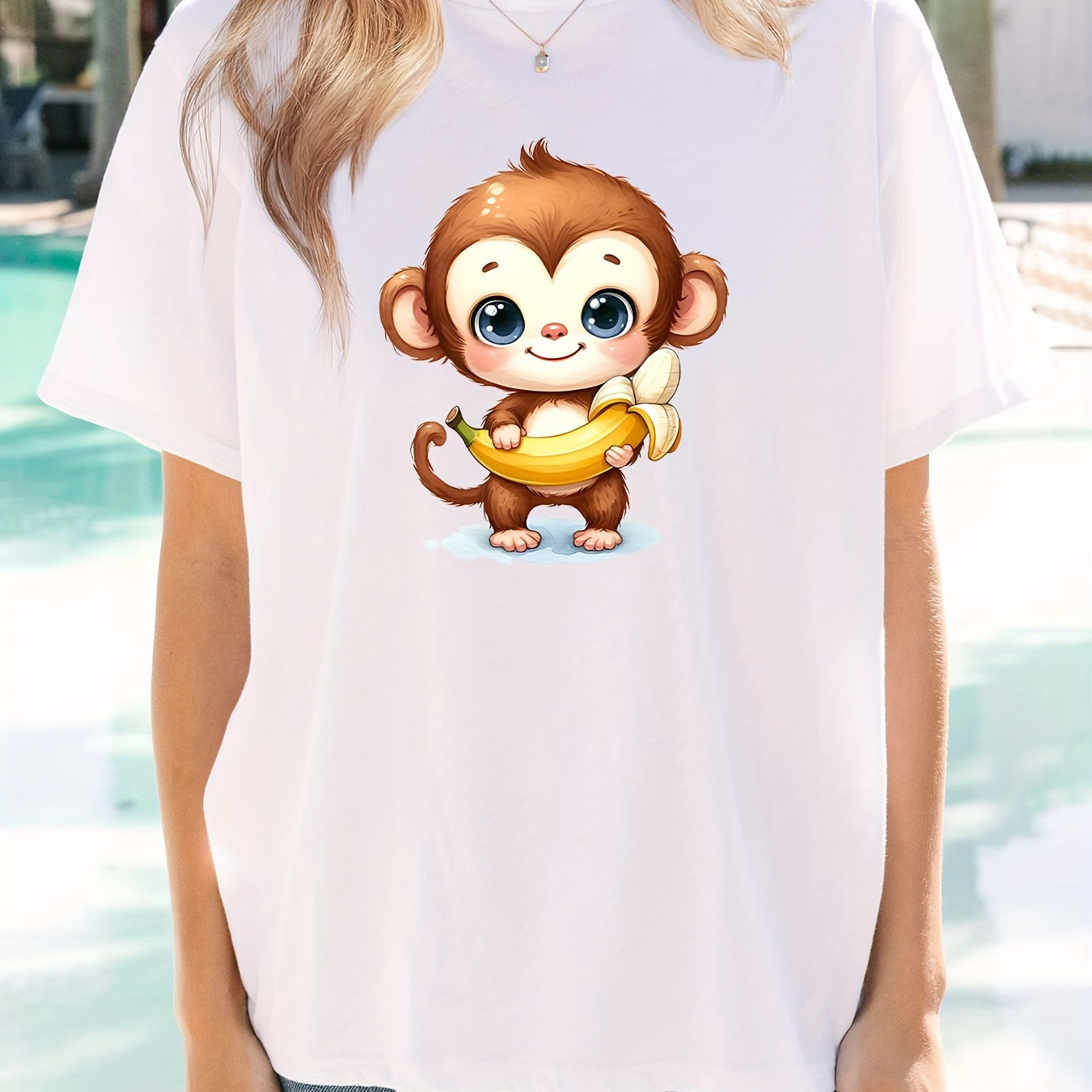 

Women's Casual T-shirt With Cute Smiling Monkey & Banana Graphic, Casual Style, Comfortable Sports Tee For Everyday Wear