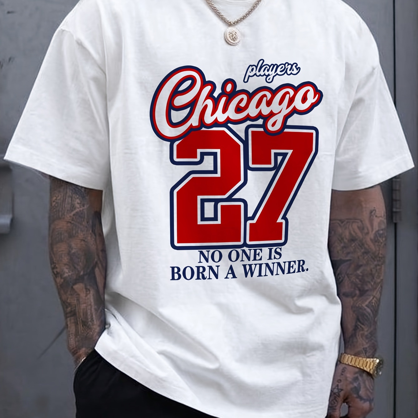 

Men's Chicago 27 Print Short Sleeve T-shirts, Comfy Casual Elastic Crew Neck Tops, Men's Clothing