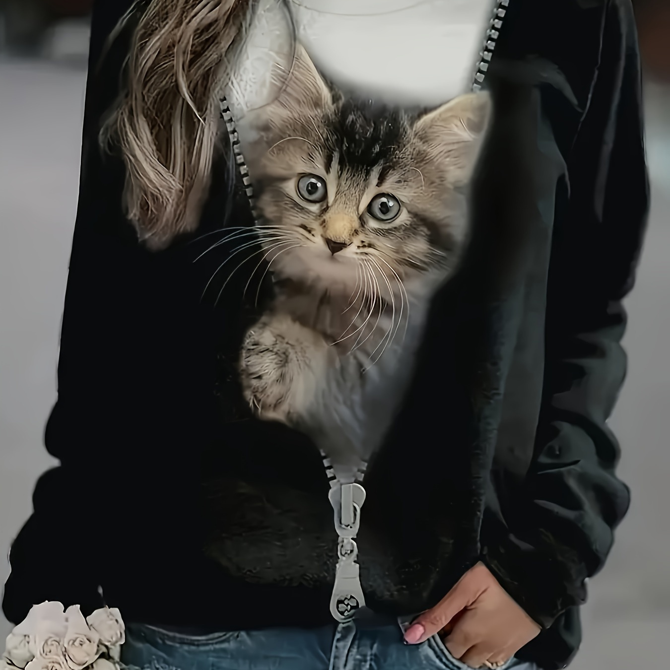 

Cat Print Pullover Sweatshirt, Casual Long Sleeve Crew Neck Sweatshirt, Women's Clothing