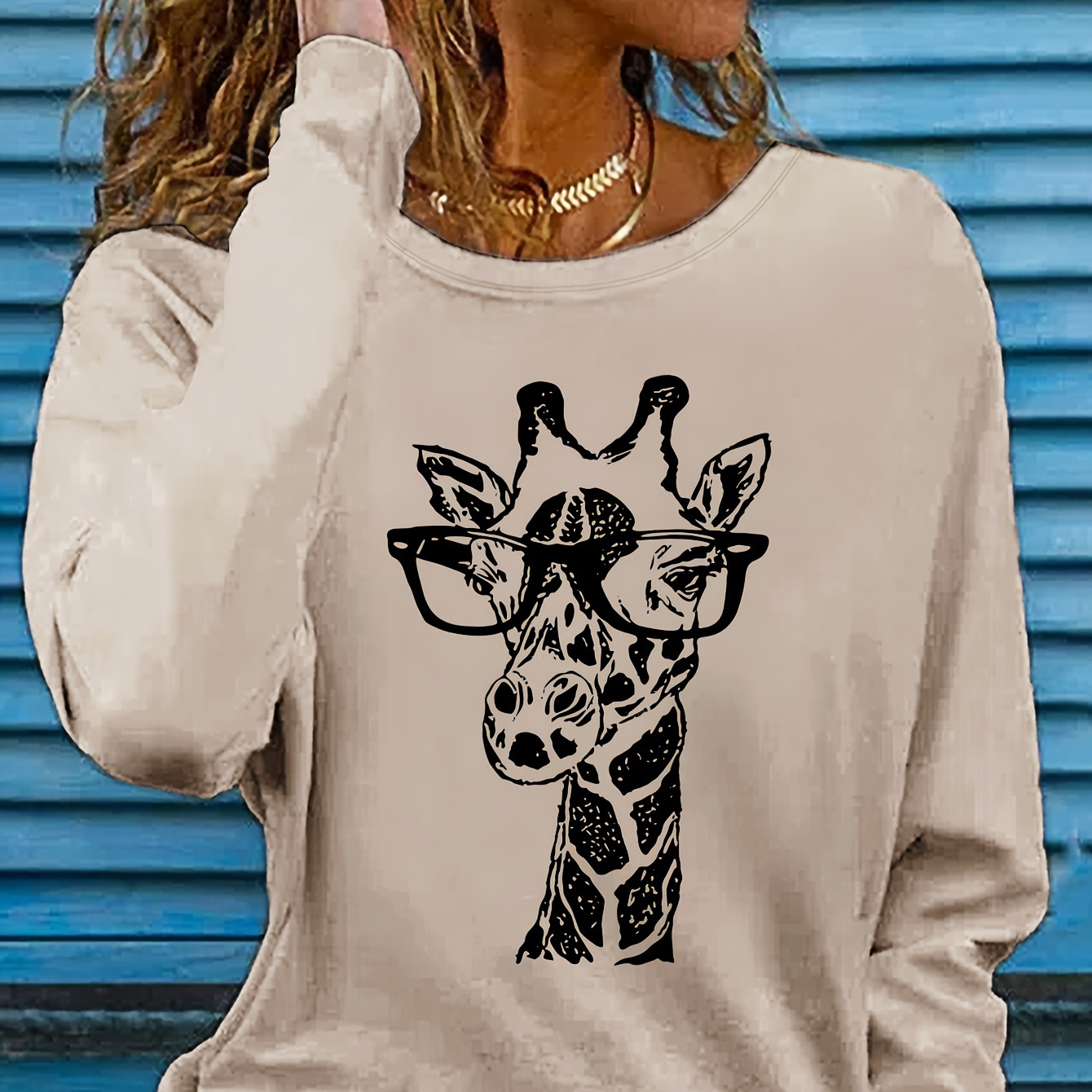 

Giraffe Print T-shirt, Long Sleeve Crew Neck Casual Top For Spring & Fall, Women's Clothing