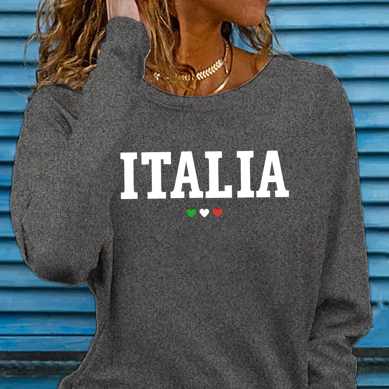 

Italia Print T-shirt, Long Sleeve Crew Neck Casual Top For Spring & Fall, Women's Clothing