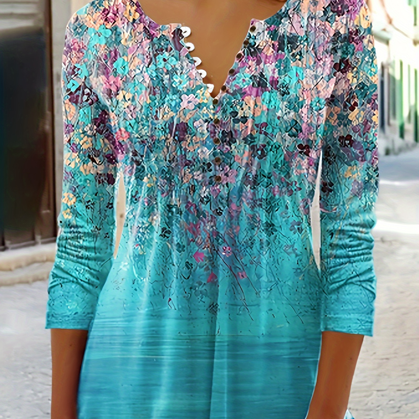 

Floral Print Crew Neck Button T-shirt, Casual Long Sleeve T-shirt For Spring & Fall, Women's Clothing