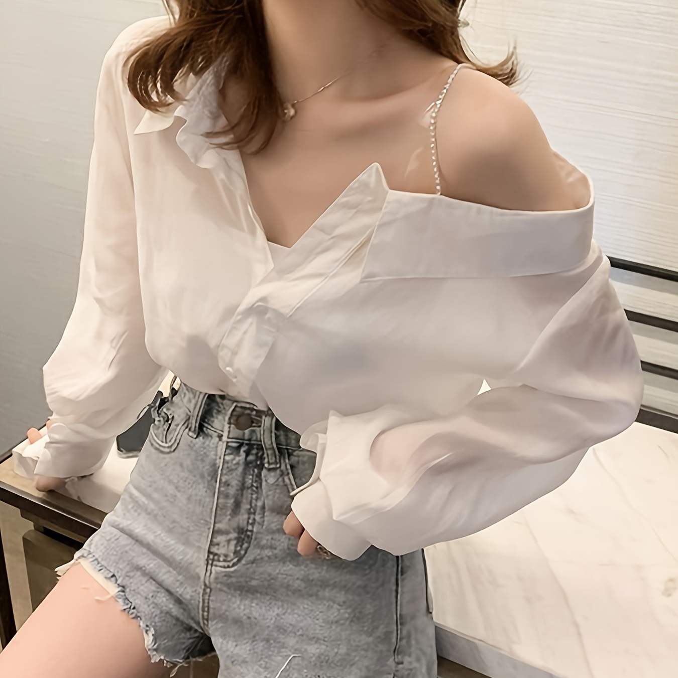 

Women's Off-the-shoulder Long Sleeve Shirt, Sexy Korean Style, 100% Polyester, Loose Fit, Solid Color, Regular Length, Tight Hem, Single Breasted , Woven Fabric, 120g/m² - Ideal For