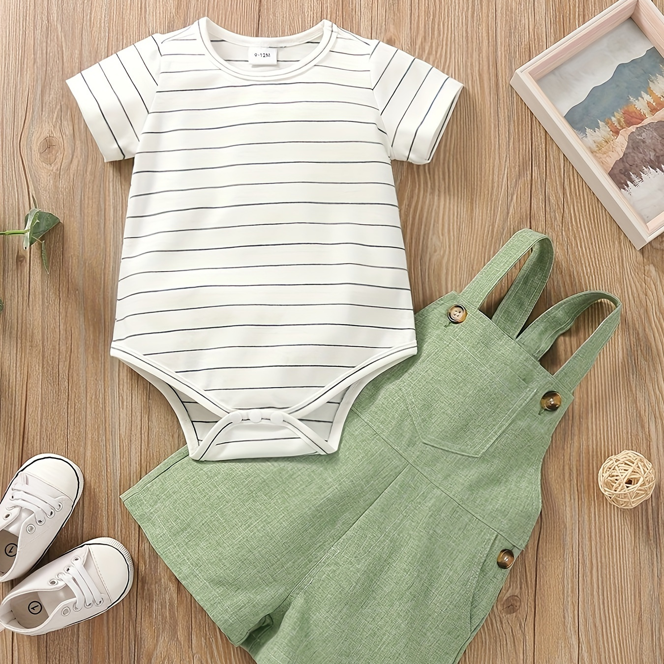 

Baby's Stripe Pattern 2pcs Summer Casual Outfit, Short Sleeve Triangle Onesie & Overall Shorts Set, Toddler & Infant Boy's Clothes