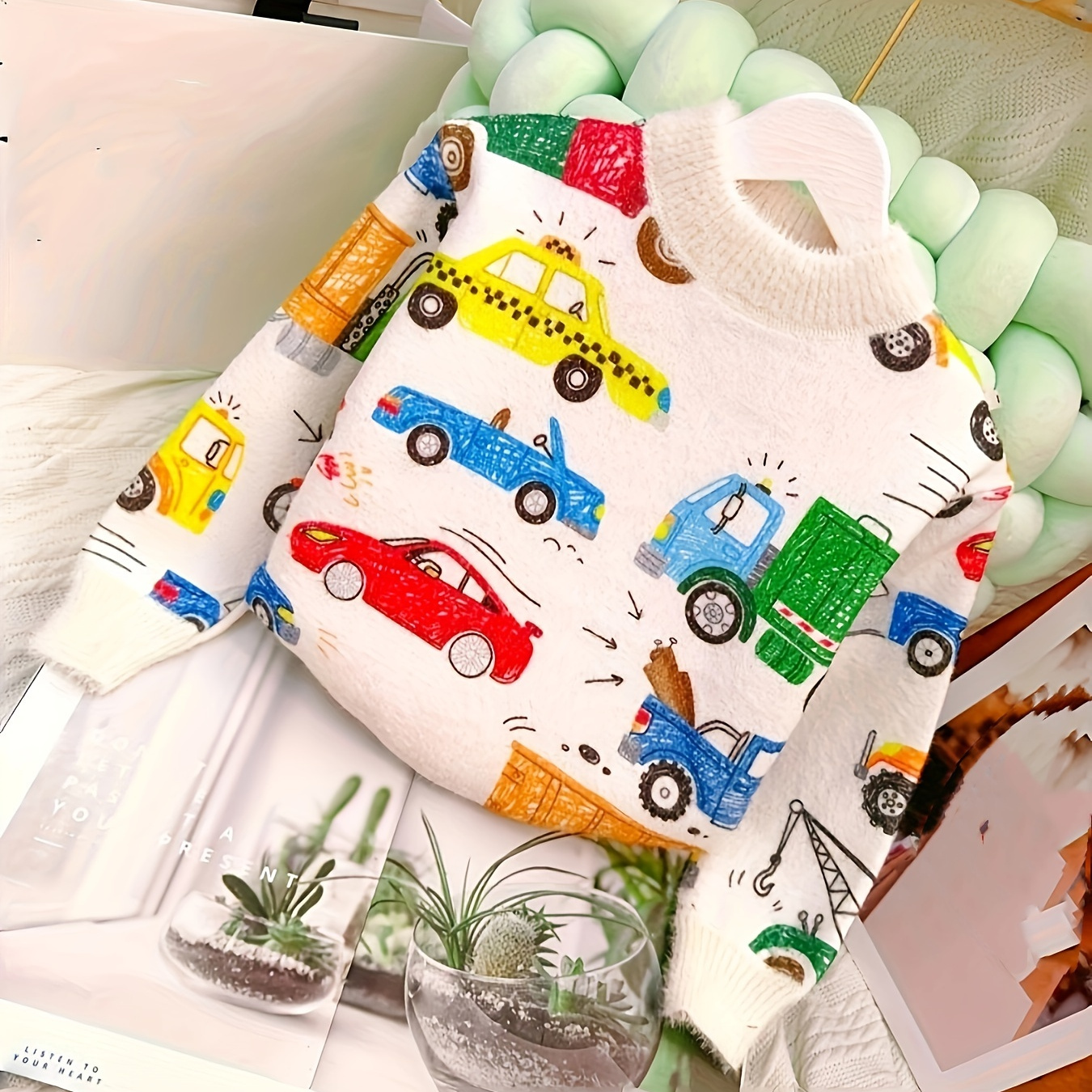 

Kid's Graffiti Car Graphic Sweater, Cable Knit Pullover, Casual Long Sleeve Top, Boy's Clothes For Fall Winter, As Gift