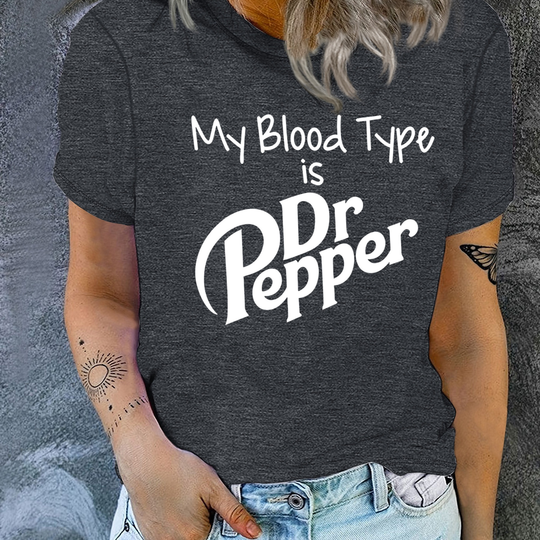 

Women's Casual Fashion Tee With White Artistic Lettering, "my Blood Type Is Dr Pepper" Print, Round Neck Short Sleeve T-shirt
