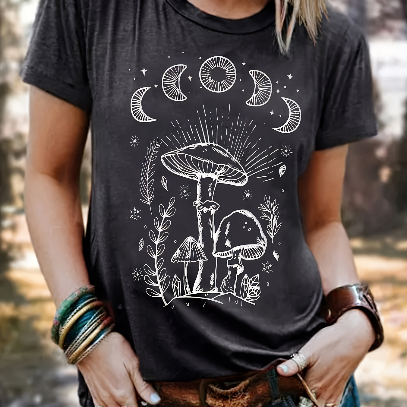 

Star & Moon & Mushroom Print T-shirt, Casual Short Sleeve Crew Neck Top, Women's Clothing