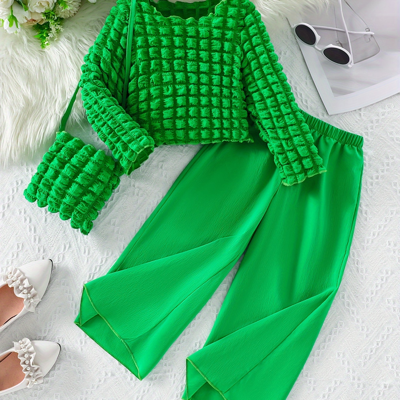 

3pcs Girl's Puffed Fabrics Long-sleeve Top + Wide-leg Pants + Matching Bag - Spring & Fall Daily Comfy Casual Outfit, As Gift