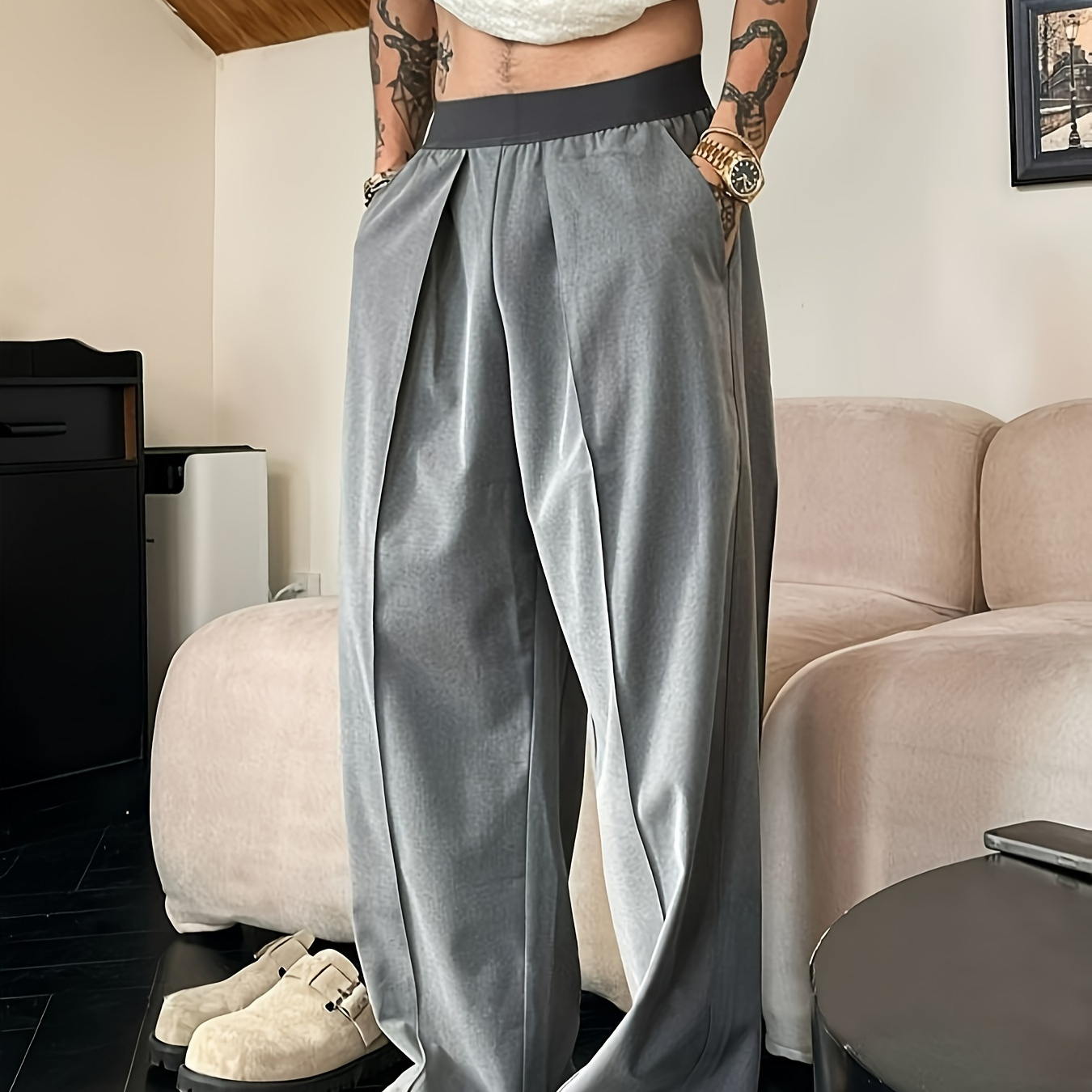 

1pc Men's Casual Wide-leg Trousers, Solid Color Block, Polyester 95% Elastane 5%, Non-stretch Woven Fabric, Super Loose Fit, Regular Length, Spring/fall Season