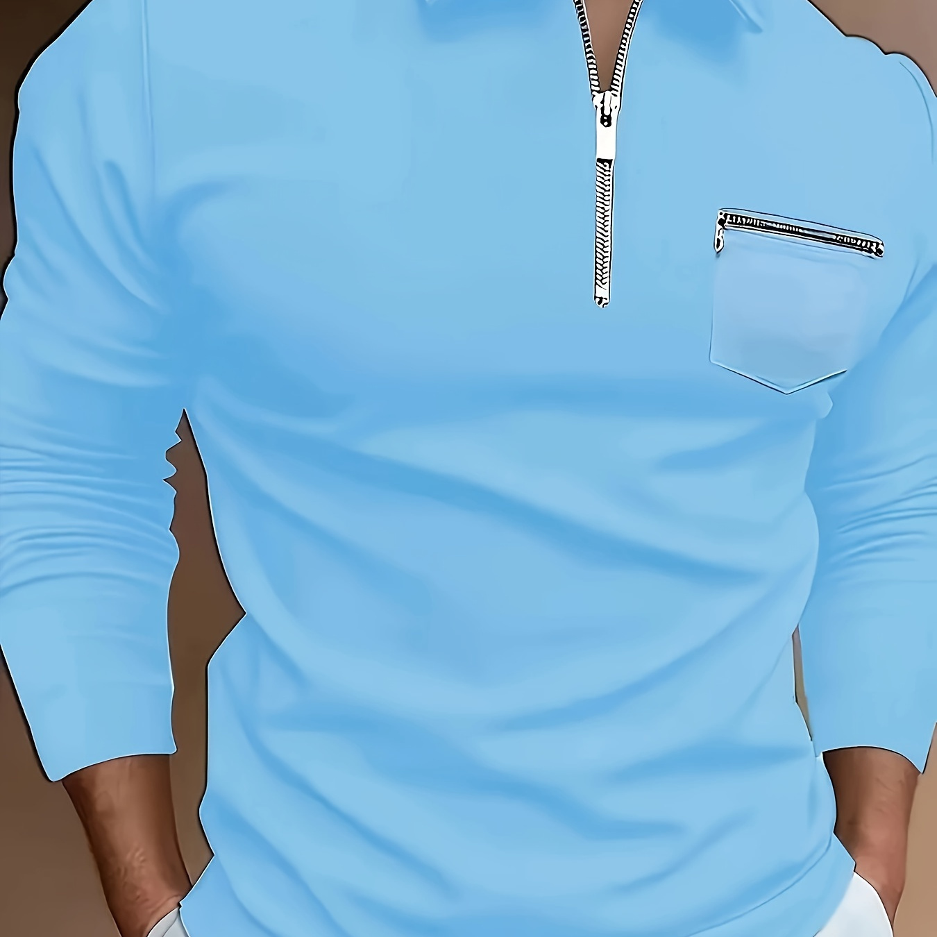

Solid Color Men's Comfortable Long Sleeved Zipper Lapel Shirt With Chest Pocket, Spring And Autumn Men's Pullover Shirt