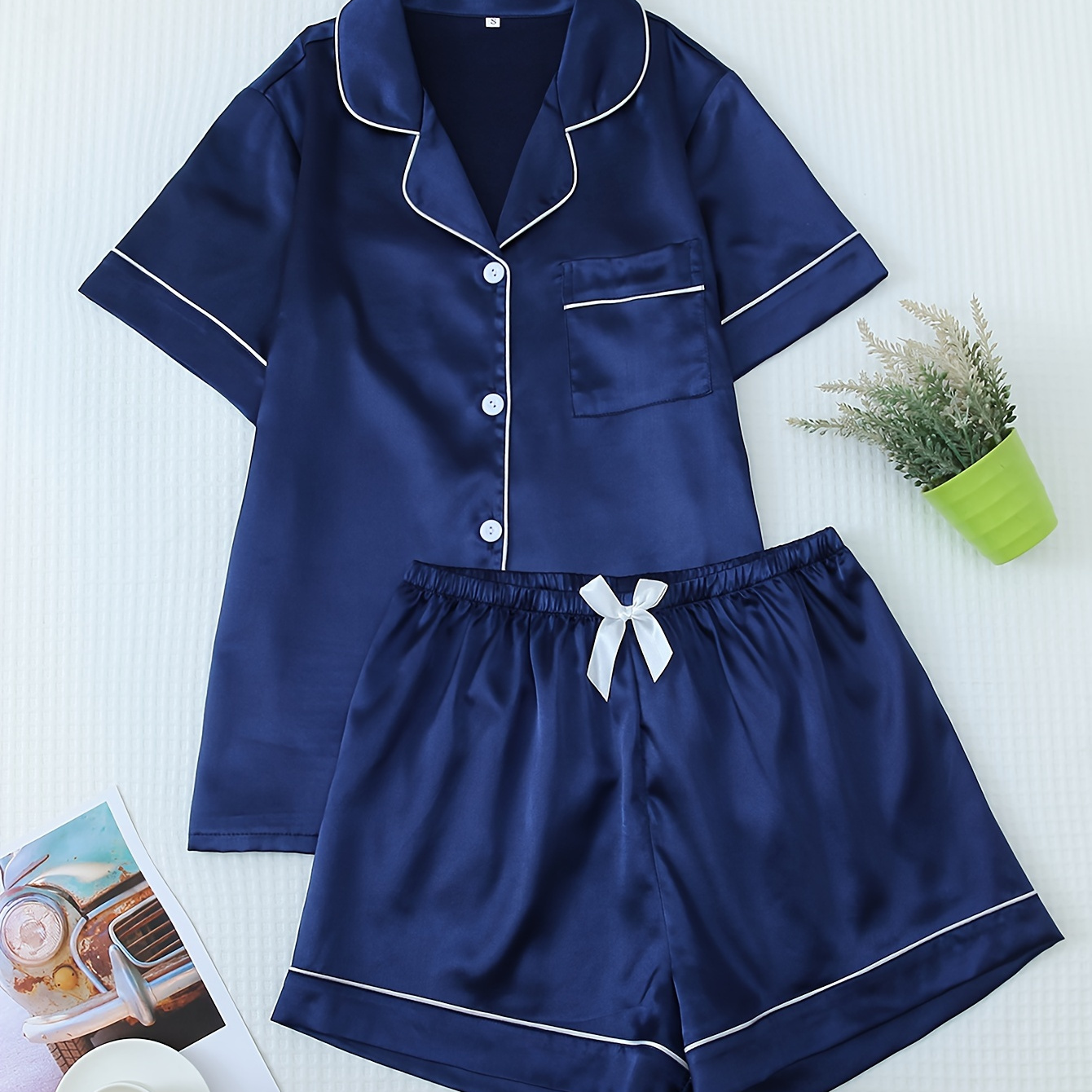 

Ladies Satin Button-up Short Sleeve Pajama Set With Bow Detail