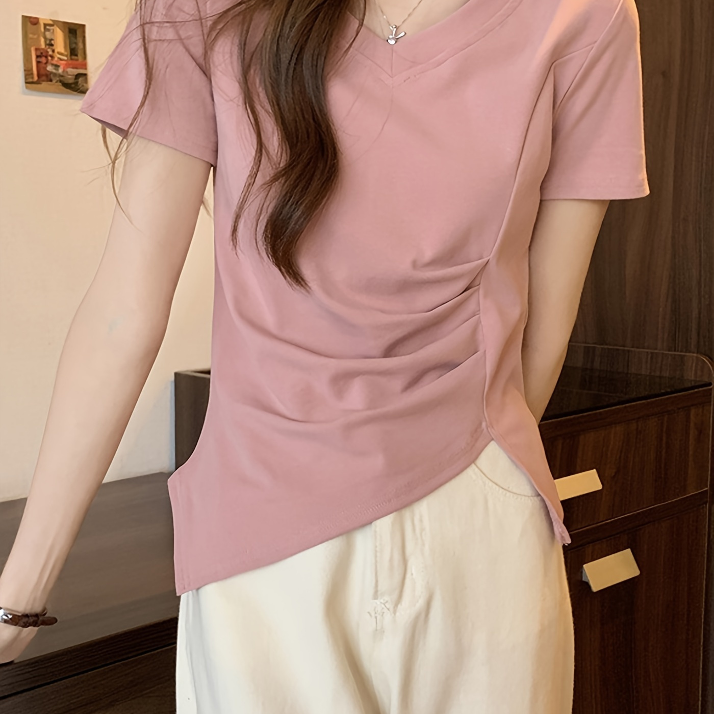 

Solid Color V-neck T-shirt, Casual Waist Split Short Sleeve T-shirt For Spring & Summer, Women's Clothing