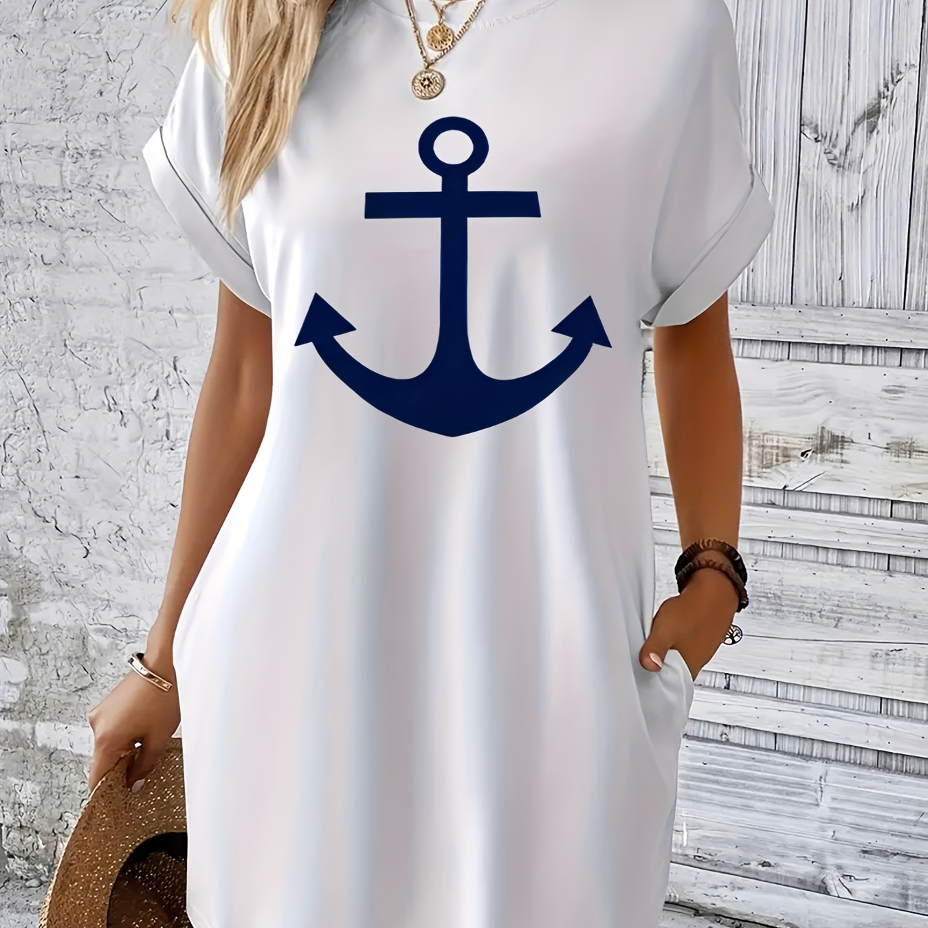 

Anchor Print Pockets Tee Dress, Casual Short Sleeve Crew Neck Dress For Summer & Spring, Women's Clothing