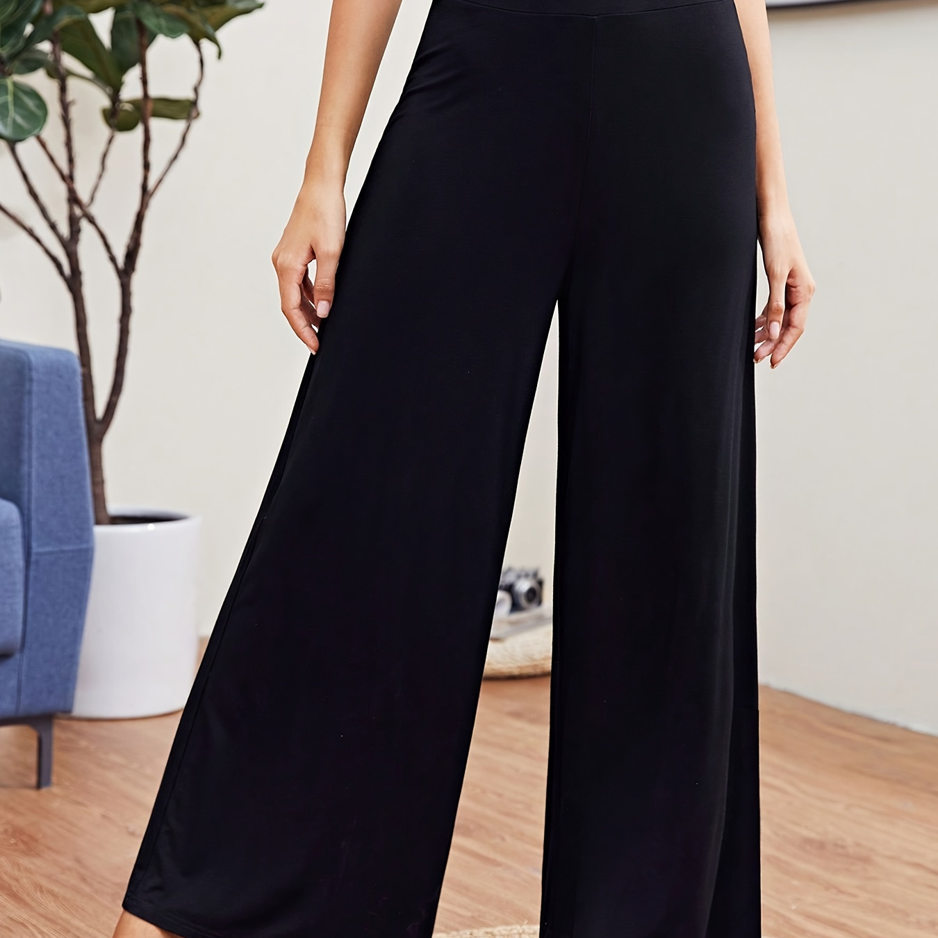 

Solid Color Wide Leg Pants, Elegant High Waist Loose Pants For , Women's Clothing