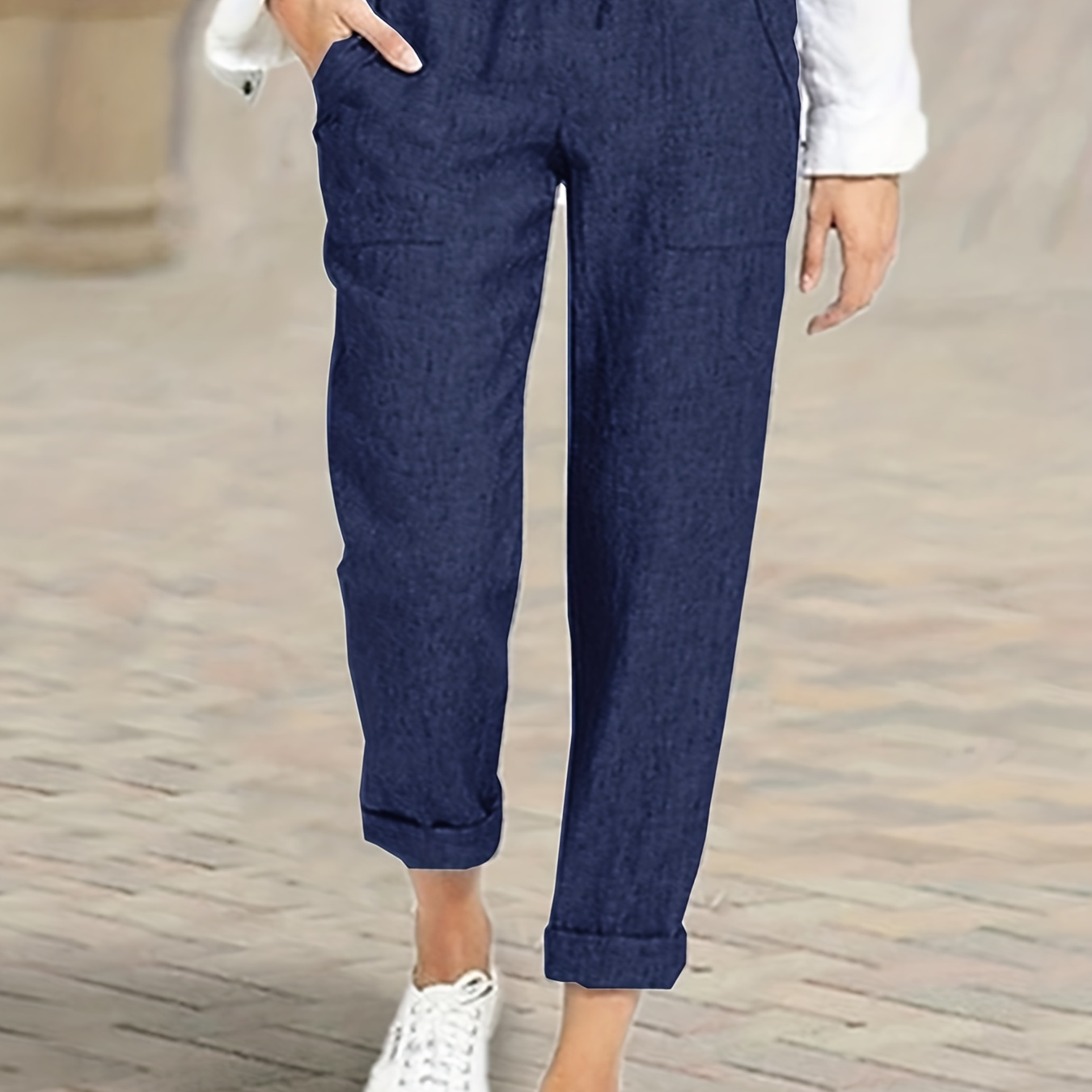 

Plus Size Casual Pants, Women's Plus Solid Straight Leg Drawstring Pants With Pockets
