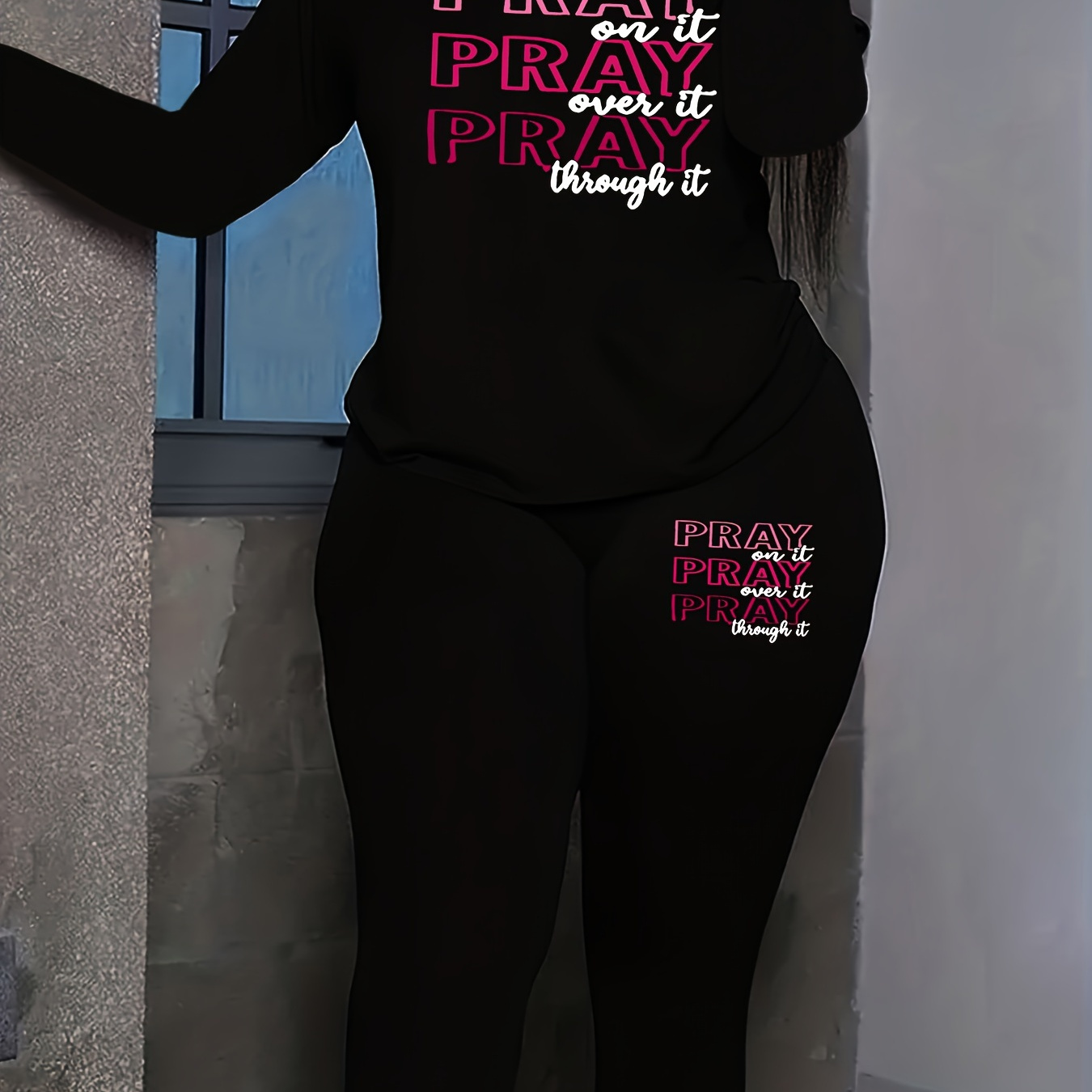 

Plus Size Pray Letter Print Two-piece Set, Crew Neck Long Sleeve Top & Pants Outfits, Women's Plus Size clothing