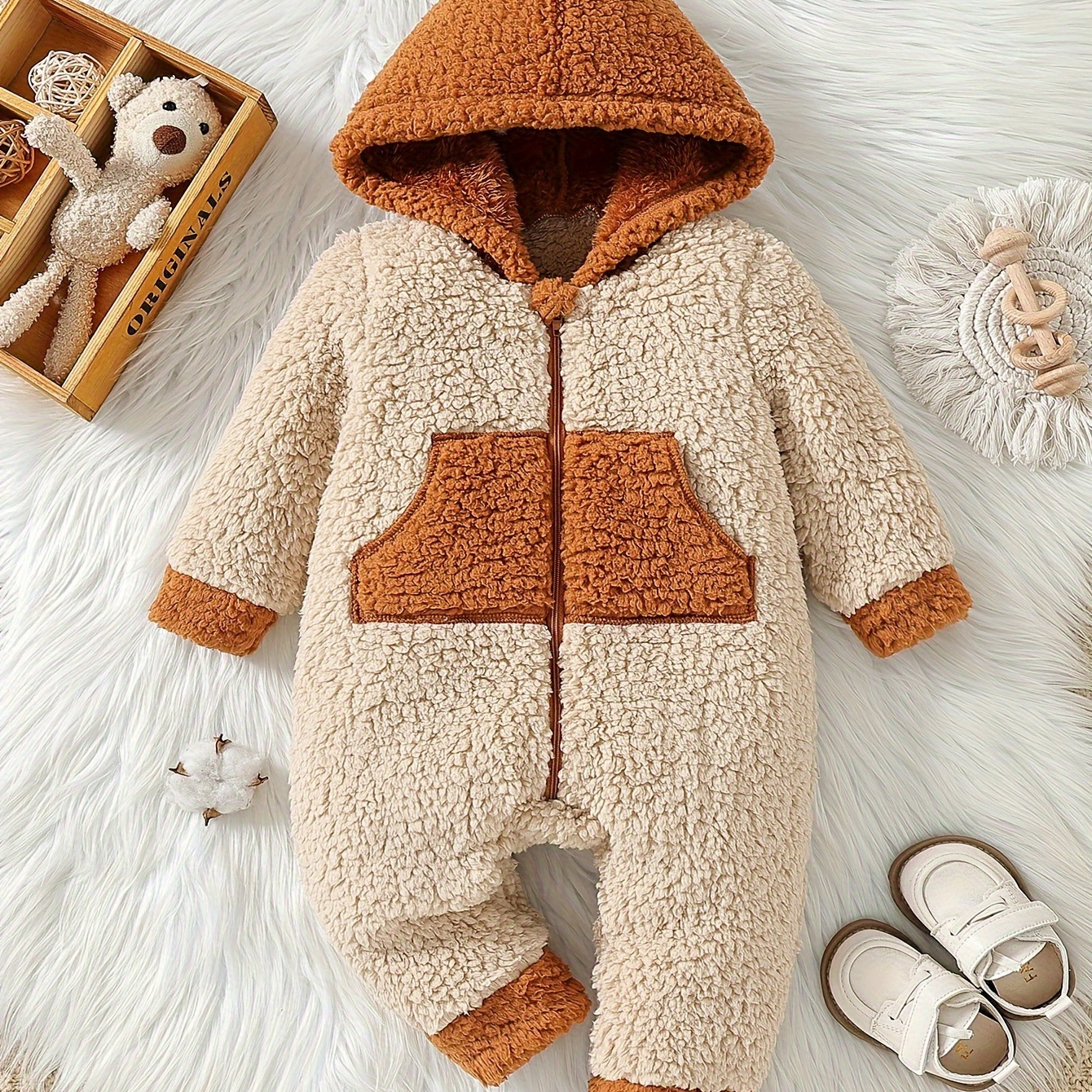 

Baby Boys' Autumn/winter Color-block Fleece Onesie With Hood, Cute Cozy Jumpsuit, Soft Zipper Romper For Weather