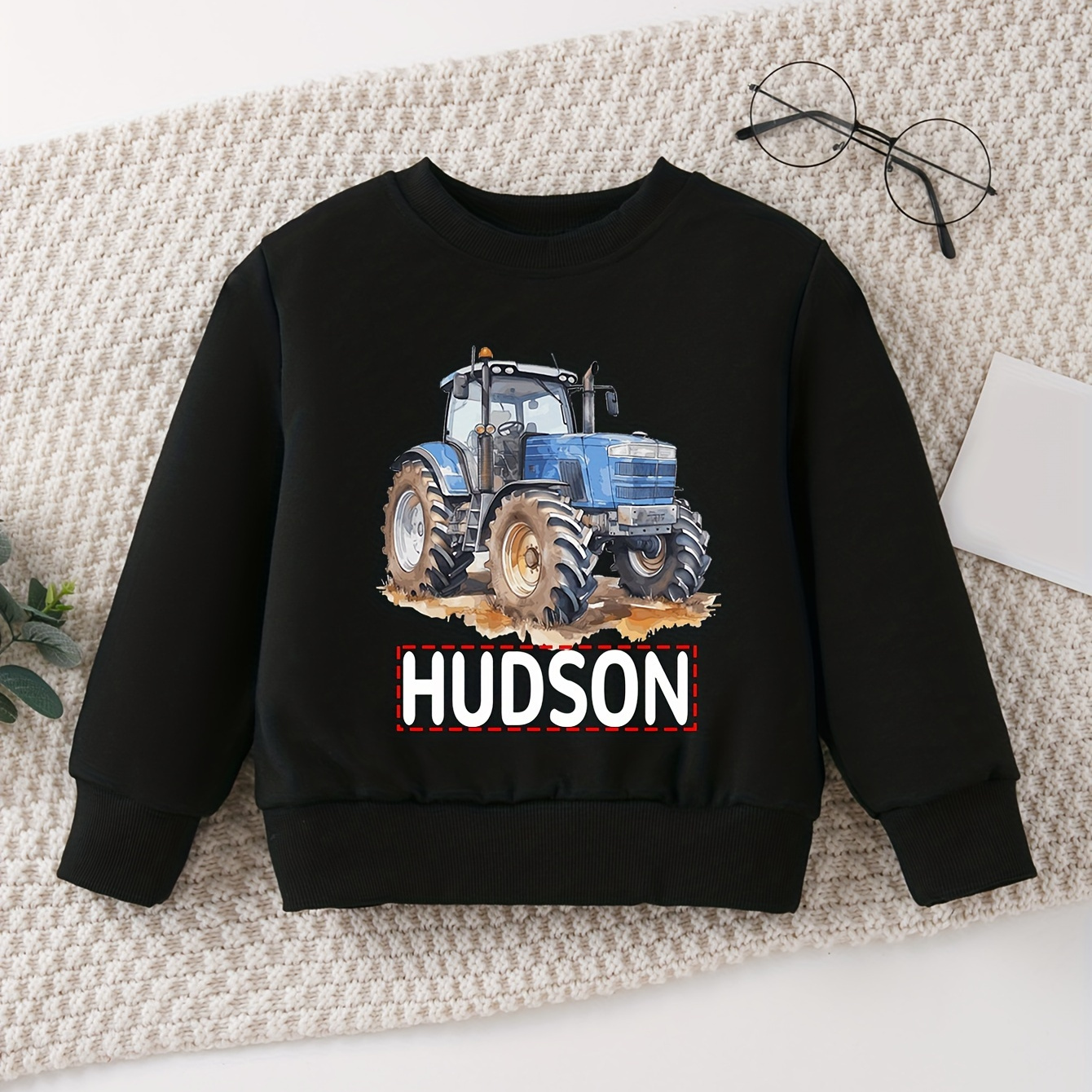 

Kids' Customizable Hoodie, Boys' Fashion Sweatshirt With Tractor Print, Comfortable Round Neck, Stretch Polyester, , Regular Fit, Spring/, Knit Fabric, Showtly Brand