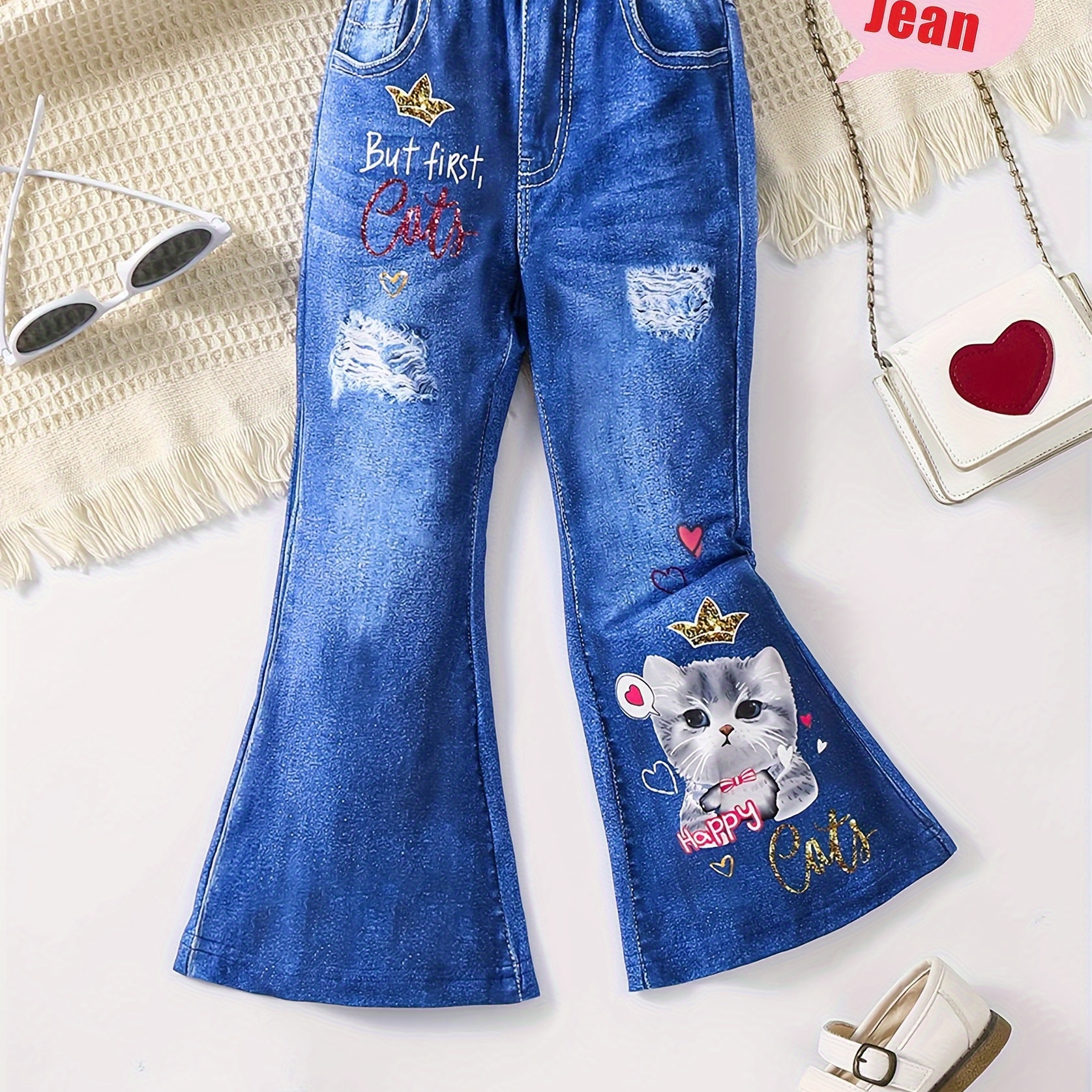 

Girls Cute Kitten Print Elastic Knit Fabric (not Jeans) Imitation Denim Print Flare Leg Trousers Summer Outfit Gift