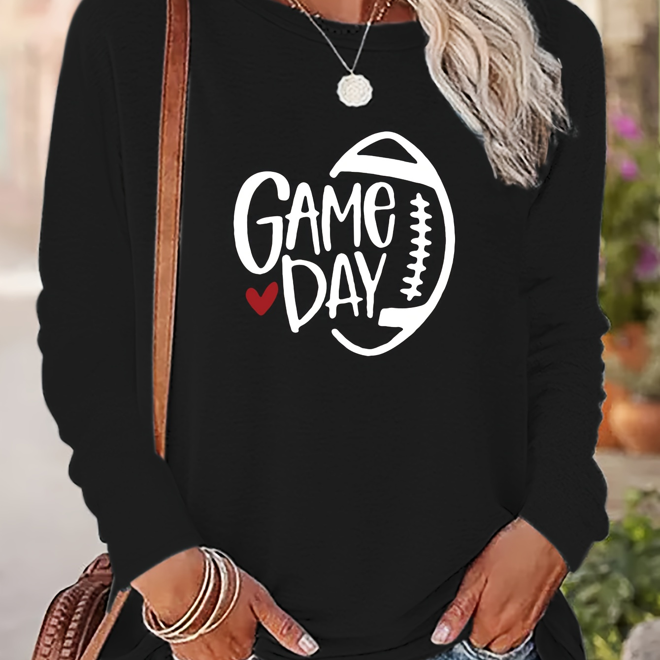 Football Game Day Print T-shirt, Casual Crew Neck Long Sleeve Top, Women's  Clothing