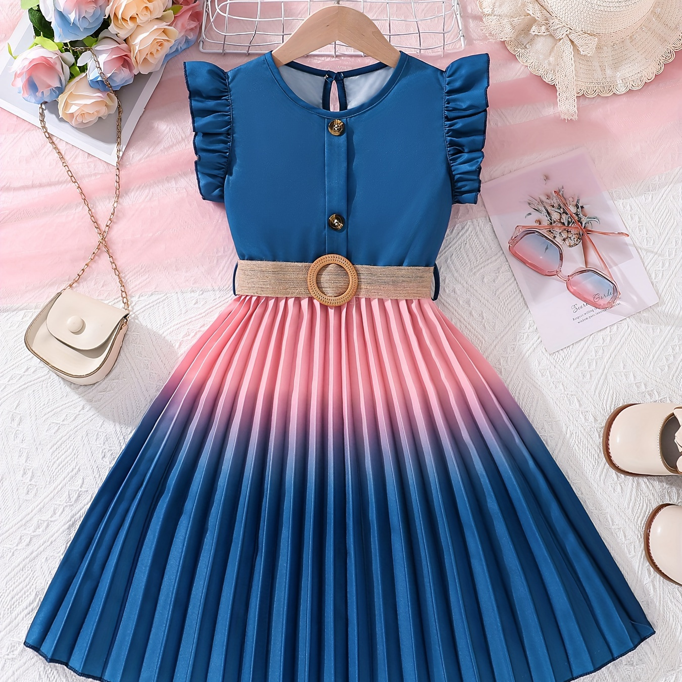 

Elegant Button Decor Gradient Color Pleated Dress Girls Party Casual Dresses Summer Gift