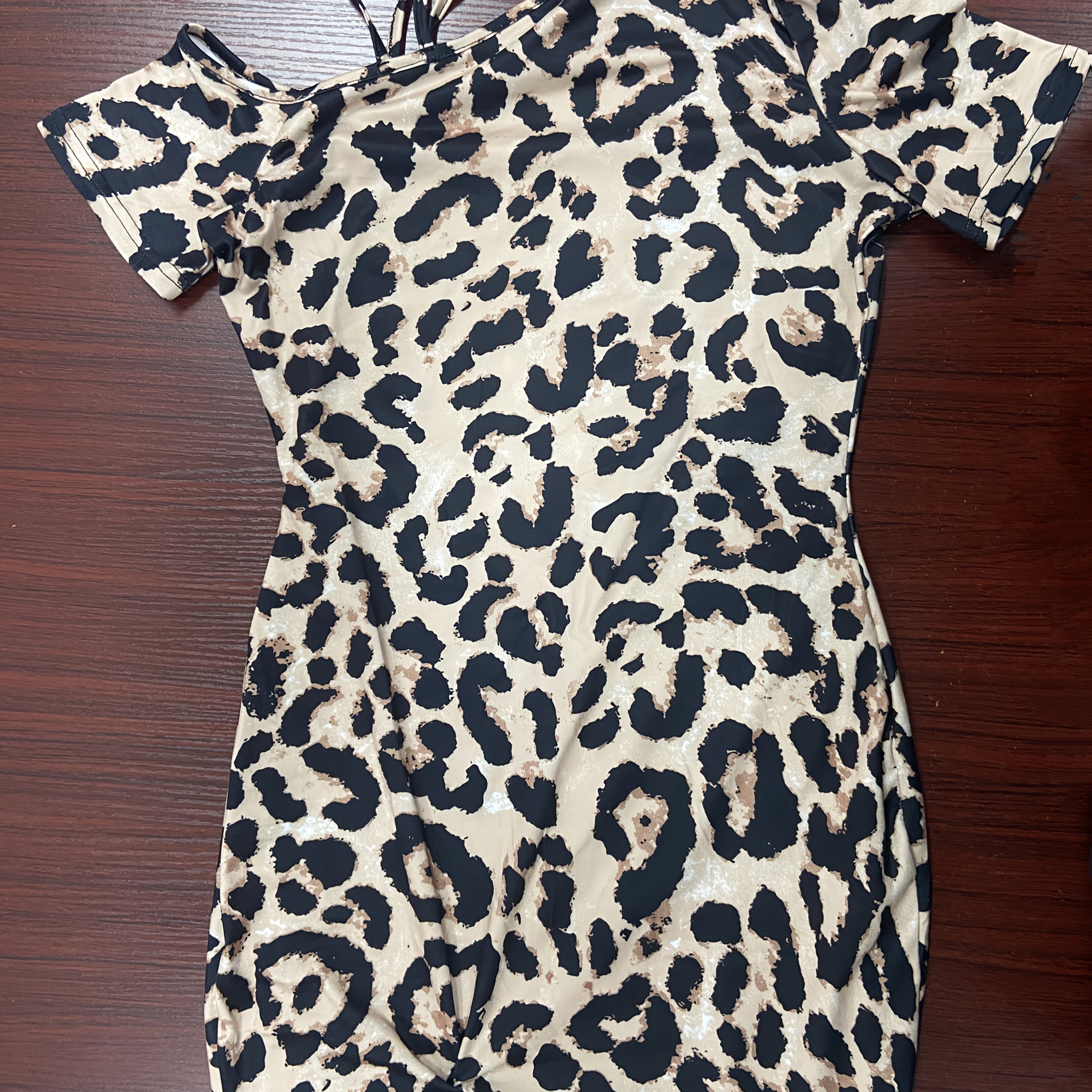 

Women's Elegant Off-shoulder Leopard Print Dress - Casual Knit Mini Dress With Drawstring Detail, Short Sleeve, Polyester Blend, Machine Washable, , Cute Dresses