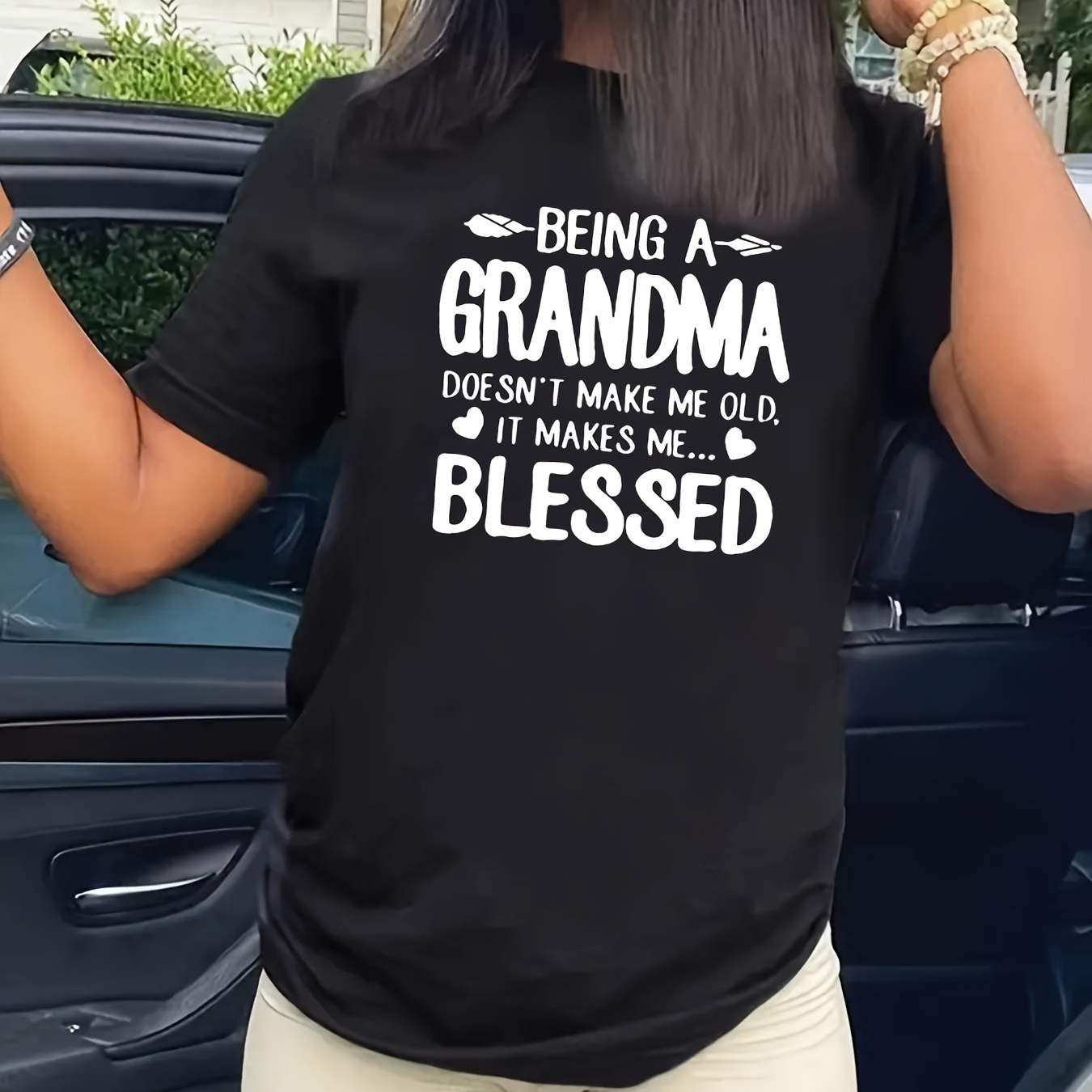 

being A Grandma" Print Crew Neck T-shirt, Solid Short Sleeve Fashion Loose Tee, Women's Tops