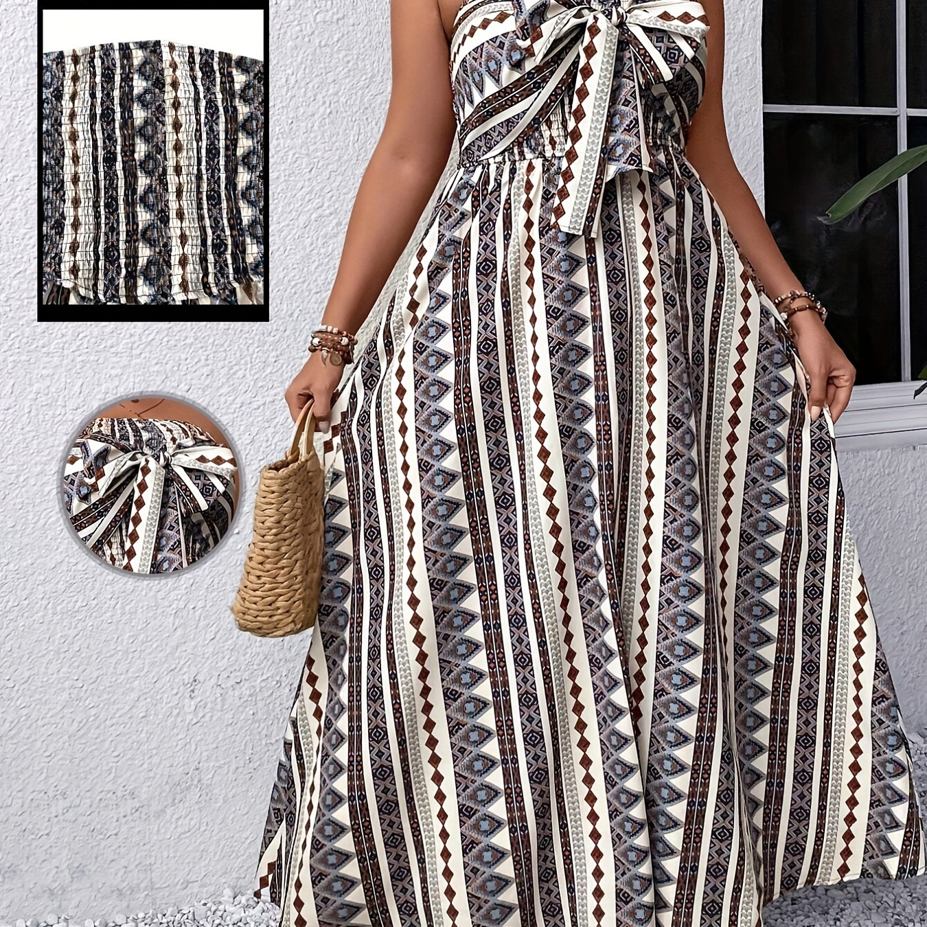 

Plus Size Geo Print Shirred Tube Dress, Boho Tie Front Maxi Dress For Spring & Summer, Women's Plus Size Clothing