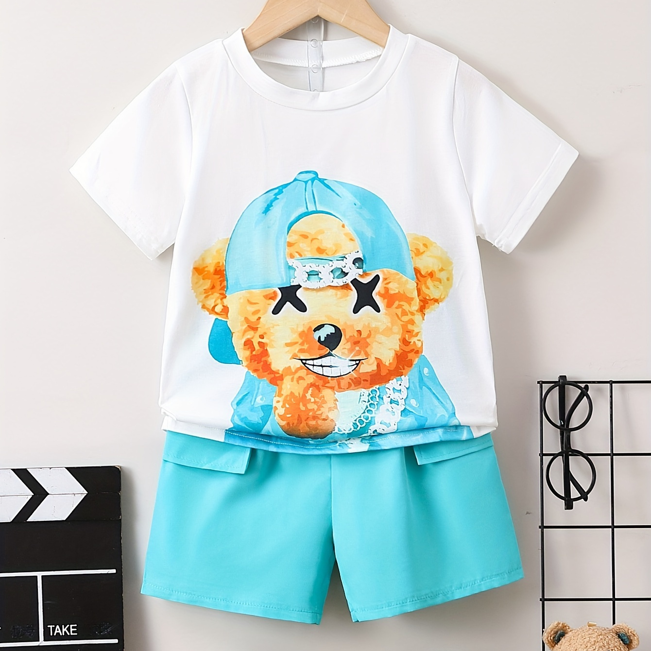 

2pcs Boys Casual Cute Teddy Bear Graphic Print Short Sleeve T-shirt&shorts Set, Comfy Summer Kids Clothing