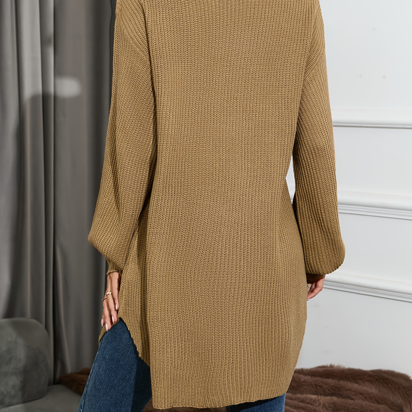 

Solid V Neck Split Pullover Sweater, Casual Long Sleeve Mid Length Loose Sweater, Women's Clothing