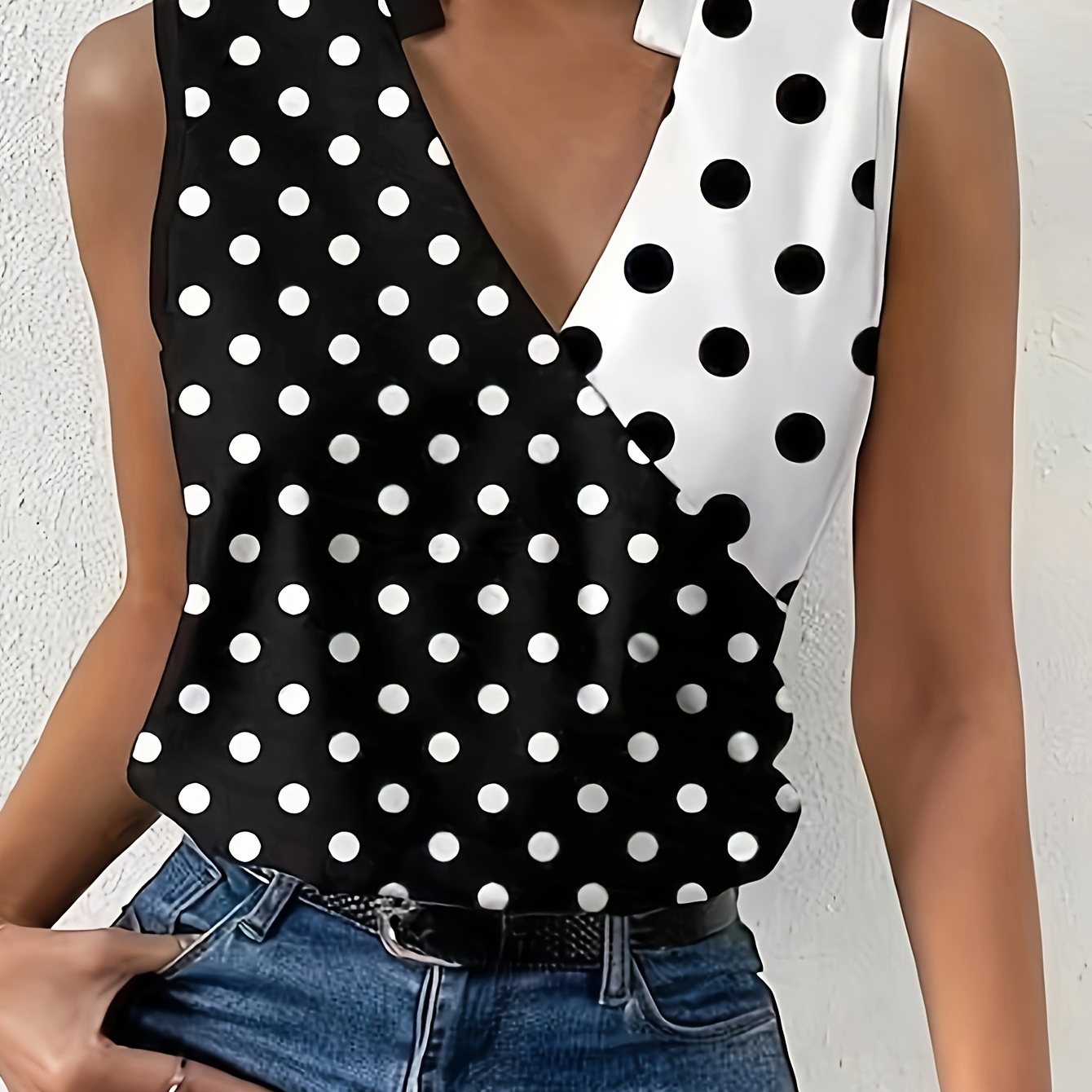 

Polka-dot Print Color Block Blouse, Elegant Notched Neck Sleeveless Blouse, Women's Clothing