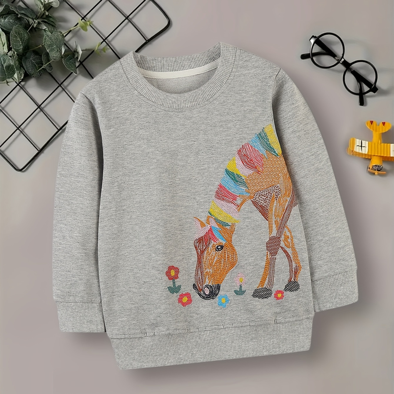 

Pony Embroidery Girls Pullover Comfortable Round Neck Sweatshirt, Kids Casual Fall Tops