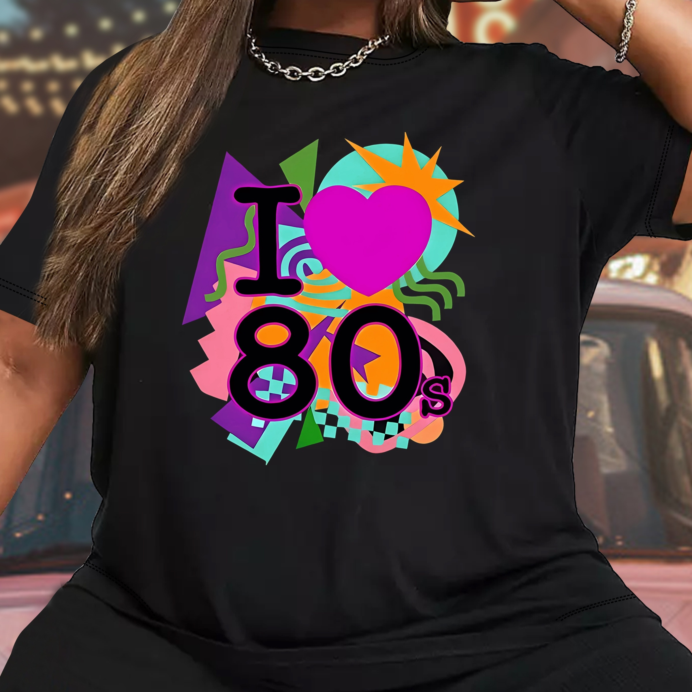 

Women's Plus Size Casual Sporty Tee With I Love 80s Heart Graffiti Print, Fashion Short Sleeve T-shirt, Retro 80s Style