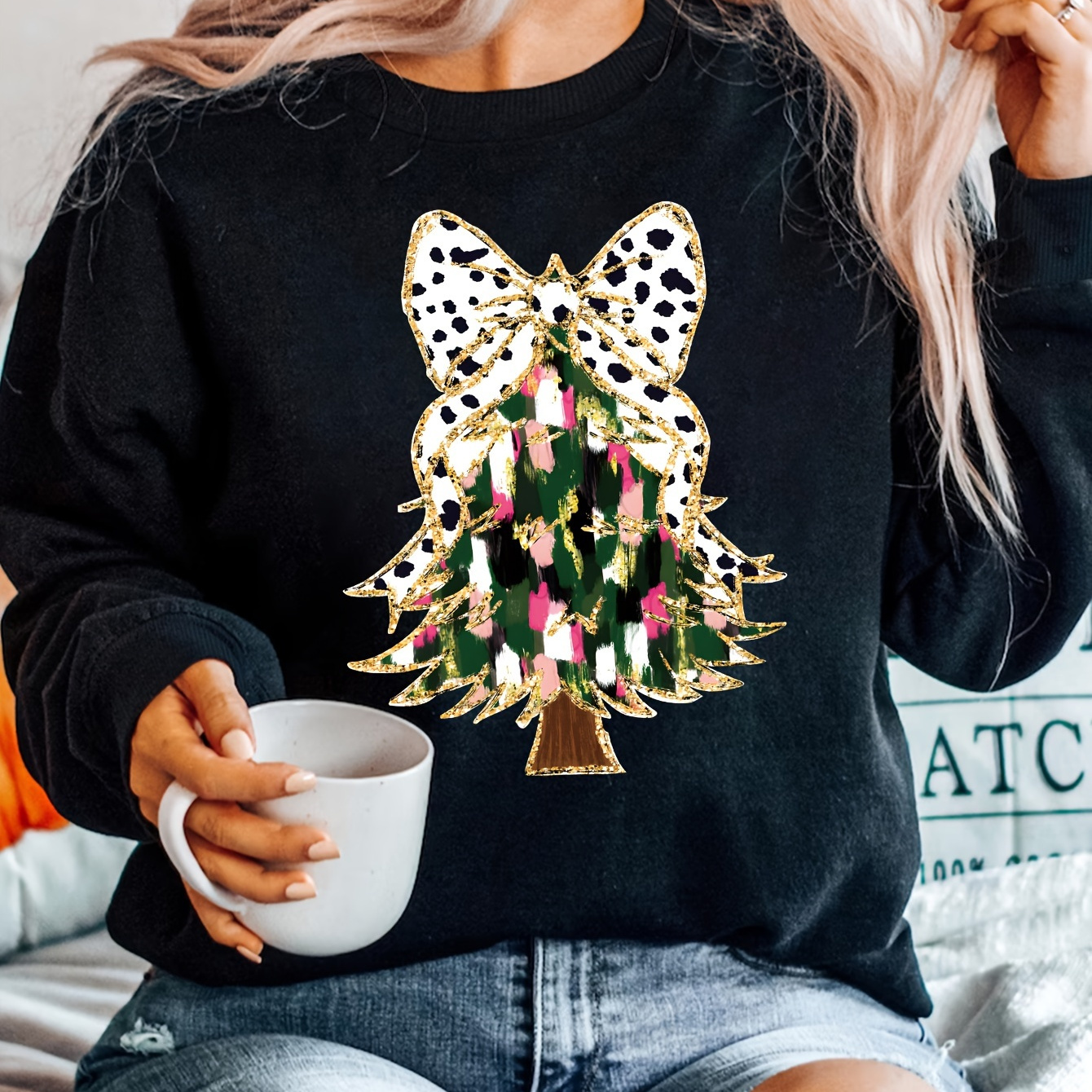 

Women's Plus Size Christmas Tree & Bow Sweatshirt - , Long Sleeve For Fall/