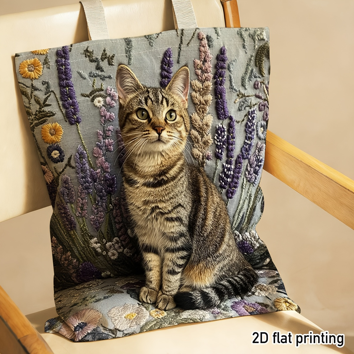 TEMU 1pc A Two-dimensional Flat Whimsical Cute Tote Bag, Featuring Duplex Prints Of An Adorable Cat On Floral Fabric, Grocery Shopping, Weekend