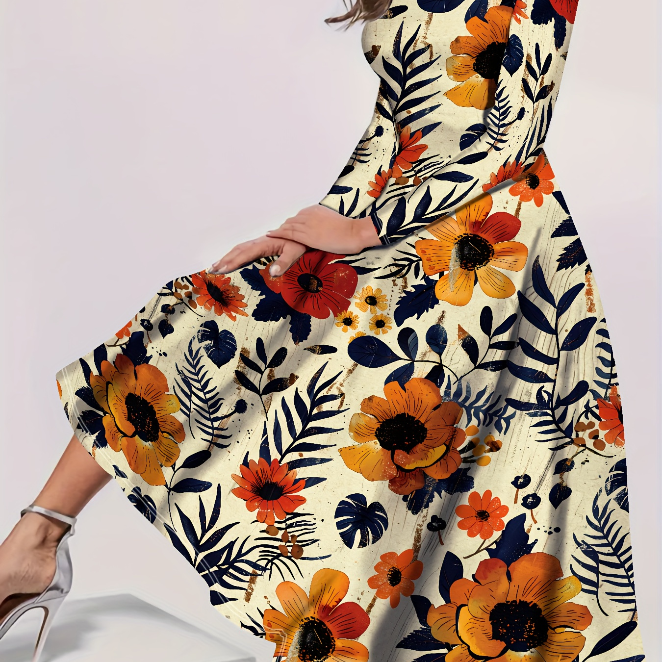 

Robe Décontractée à Imprimé Floral pour Femme - Mélange Confortable de Polyester et Spandex, Col Rond, Manches Longues, Jupe A-Line avec Ourlet à Volants, Lavable en Machine - Parfaite pour Toutes les