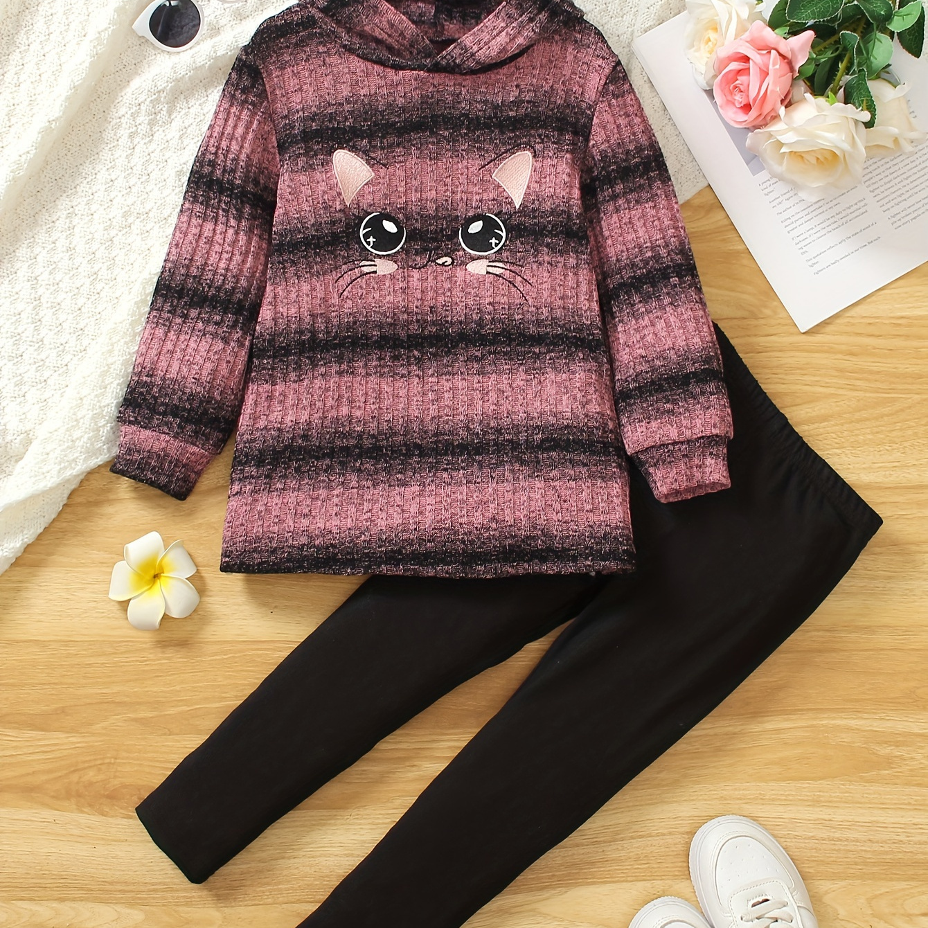 

' Two- Set Knitted Striped Cat Embroidered Hooded Long-sleeved Top + Pants -length And Trousers , For