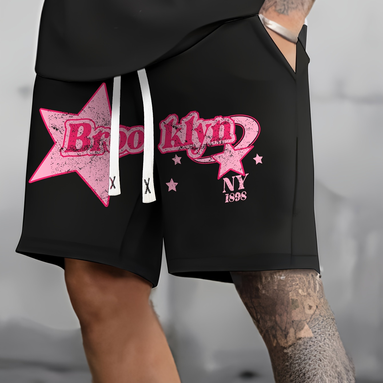 

Cute Pentagram Letters Print Men's Summer Breathable Shorts With Drawstring, Loose Casual Shorts Comfy Sports Shorts For Spring Summer Outdoor Fitness Holiday