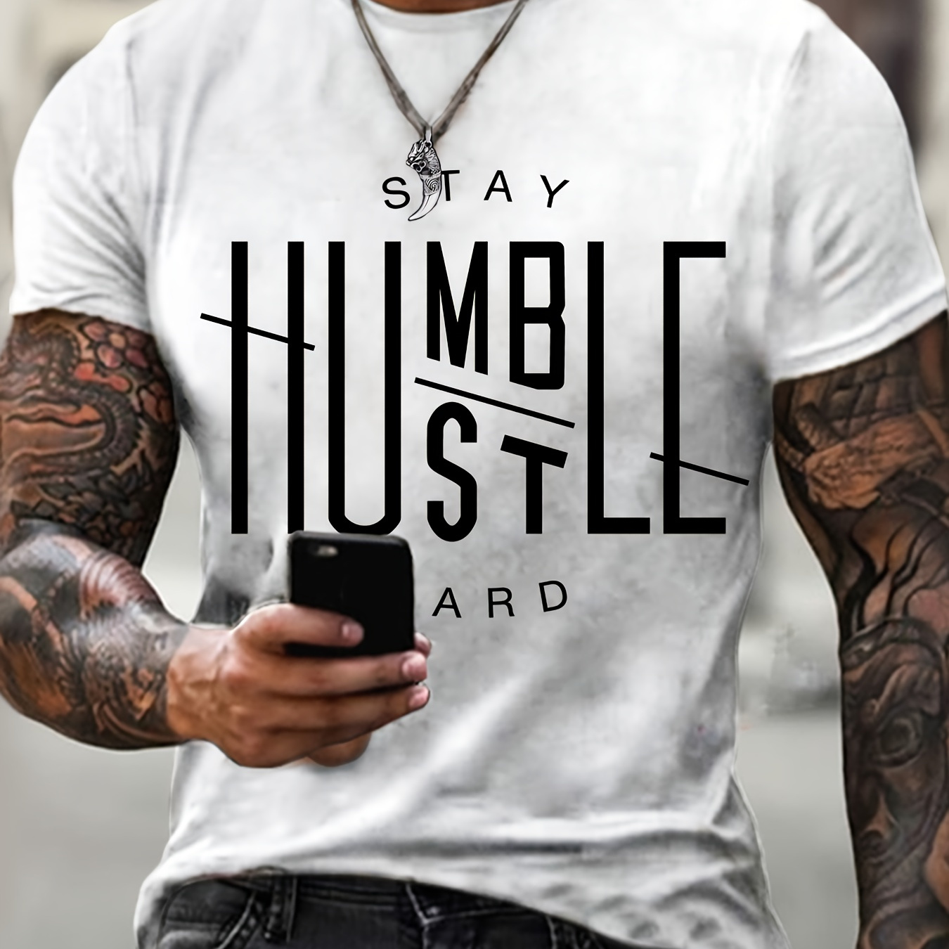 

Men's Hustle Humble Graphic Print T-shirt, Short Sleeve Crew Neck Tee, Men's Clothing For Outdoor