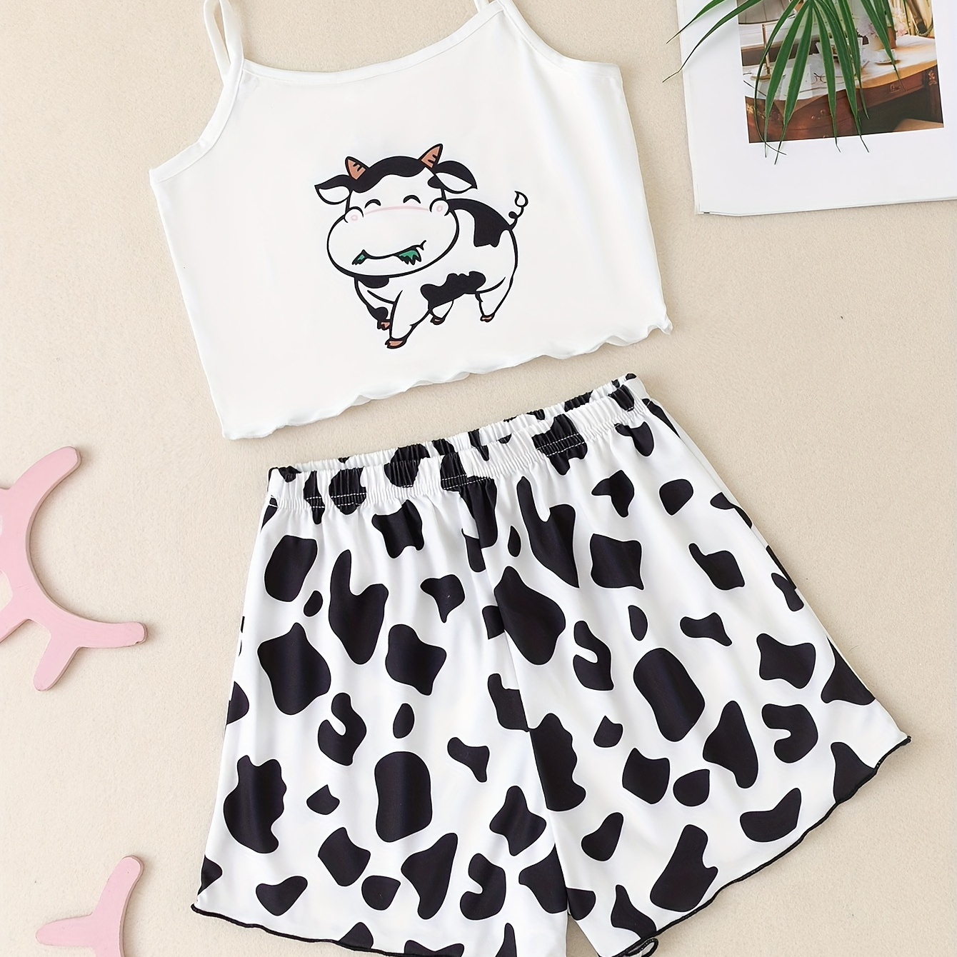 

2 Pcs Girls Cute Pajama Sets, Cow Print Suspenders & Shorts, Comfortable & Cute Style Princess Pajamas For Girls Cozy Loungewear