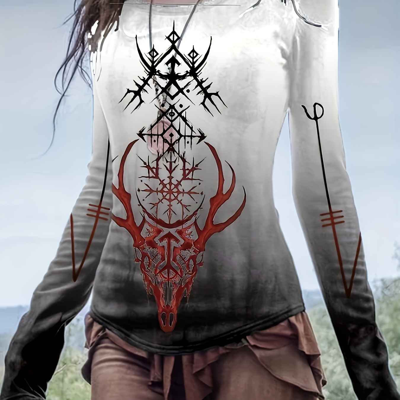 

Tribal Neck T-shirt, Casual Long Sleeve T-shirt For Spring & Fall, Women's Clothing