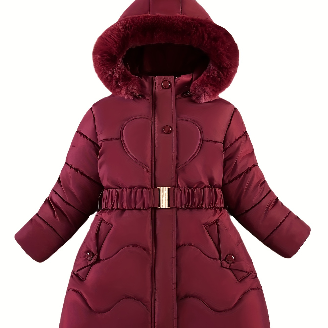 

Girl's Cute Furry Hooded Snow Suit, Solid A-line Warm Plush Lined Long Sleeve Parka Coats Winter/ Fall Outerwear