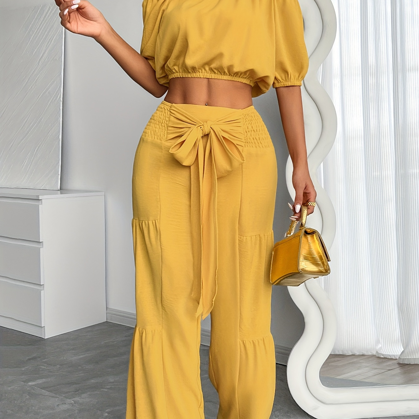 

Solid Two-piece Pants Set, Off Shoulder Puff Sleeve Top & Shirred Waist Wide Leg Pants Outfits For Summer, Women's Clothing