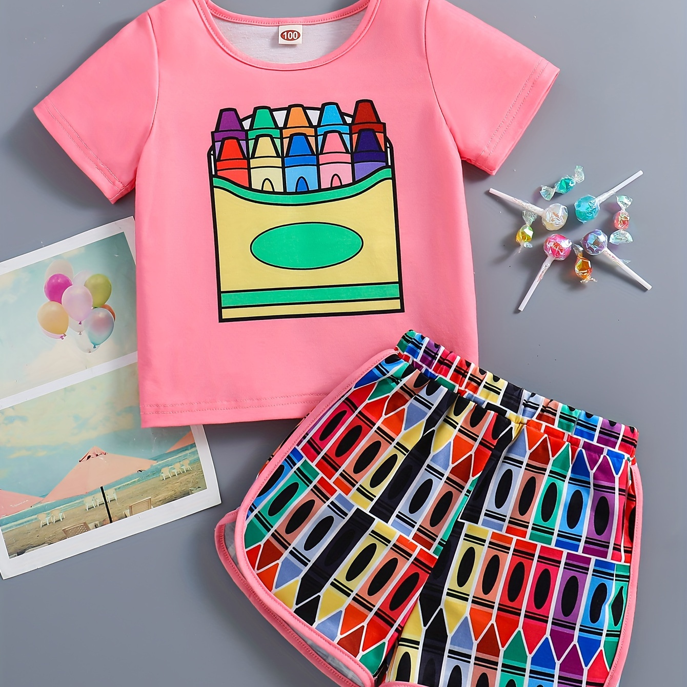 

Girl's Outfit School Crayons Print Short Sleeve Top + Shorts Set Two-piece Sports Daily Summer Clothes