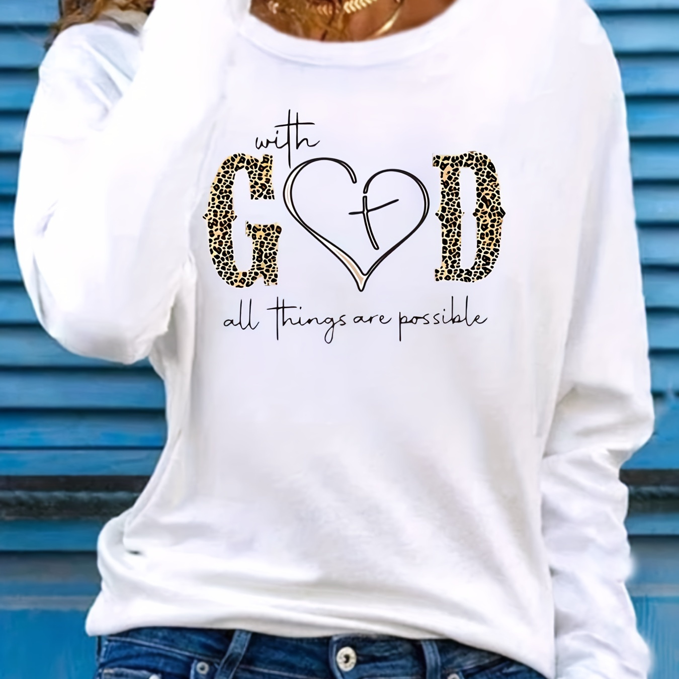 

God Print Crew Neck T-shirt, Casual Long Sleeve T-shirt For Spring & Fall, Women's Clothing