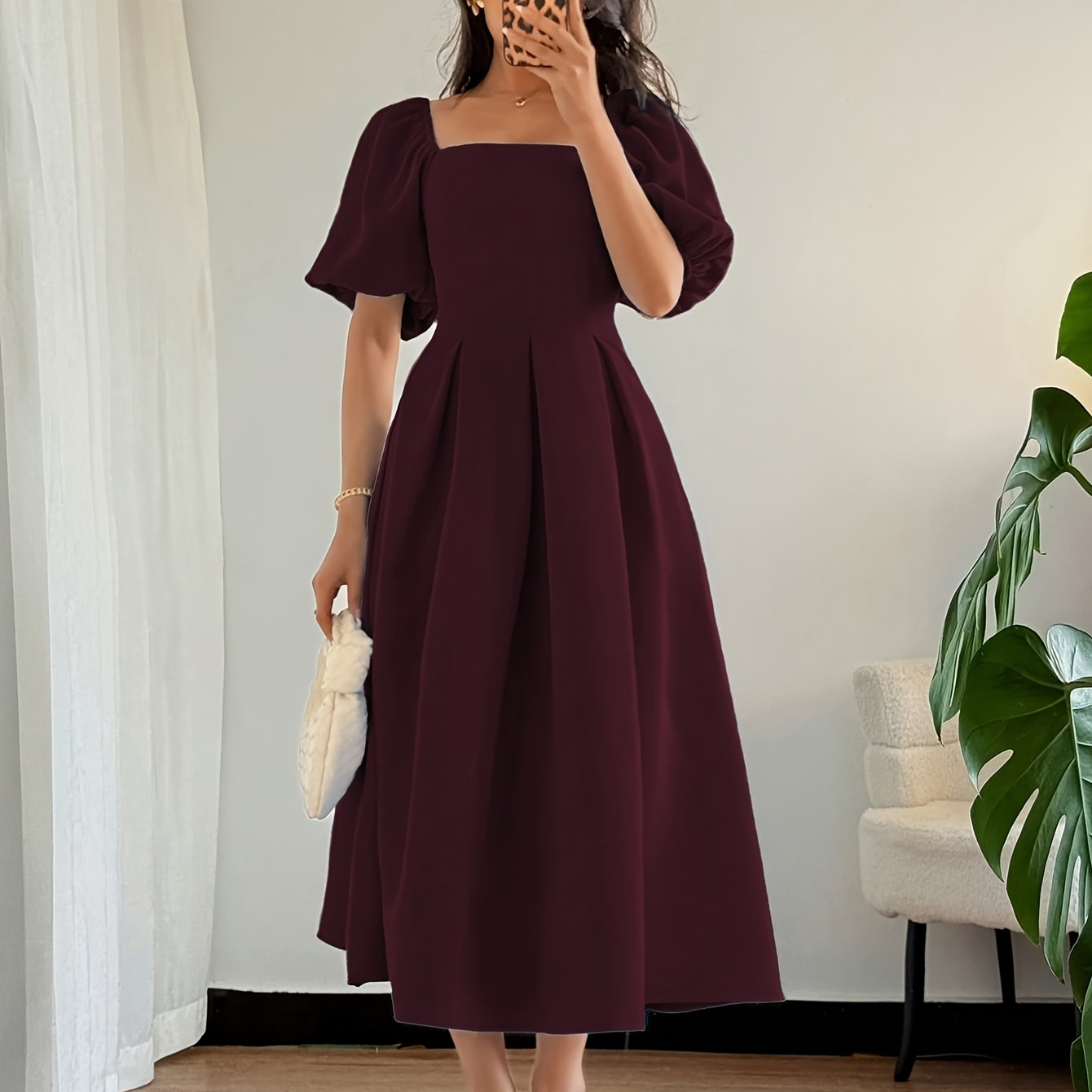 burgundy dress puff sleeve A-Line Puff Sleeves Satin Burgundy Prom Dress, Burgundy Long Formal Dr main image 1